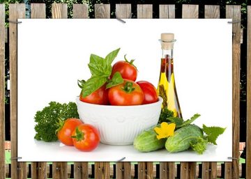 Wallario Sichtschutzzaunmatten Frische Salatzutaten mit Kräuter-Öl - Tomaten, Gurke, Petersilie