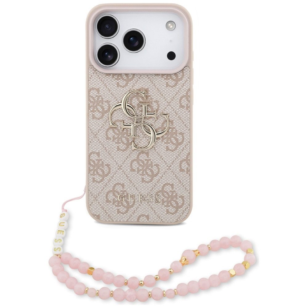 Guess Handyhülle Case iPhone 17 Pro Kunstleder rosa Big Logo goldfarbig Kette 6,3 Zoll, Kantenschutz