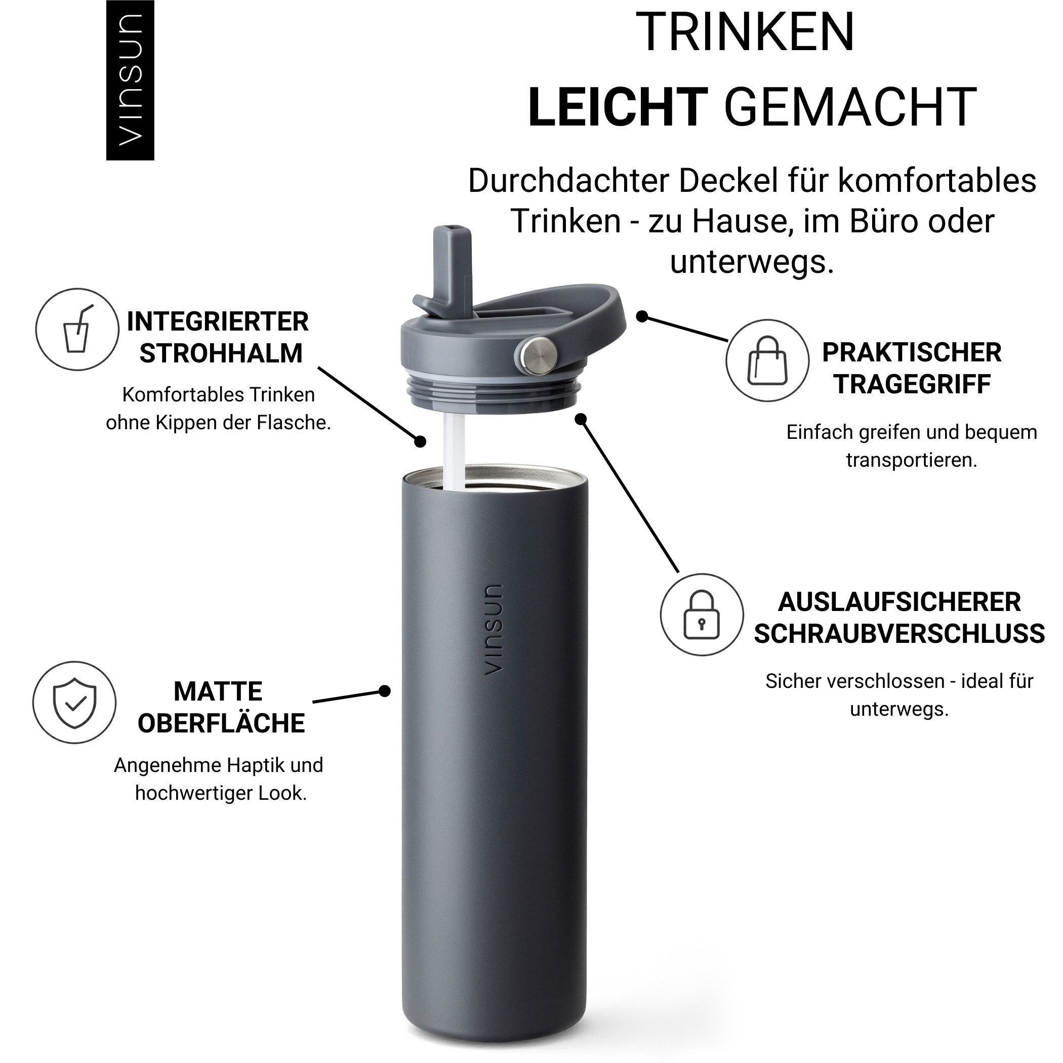 Vinsun Isolierflasche Thermoflasche 750ml mit Strohhalm - Sport Trinkflasche mit Tragegriff, Auslaufsicher, doppelwandig isoliert, geruchs- und geschmacksneutra – Bild 4 von 5