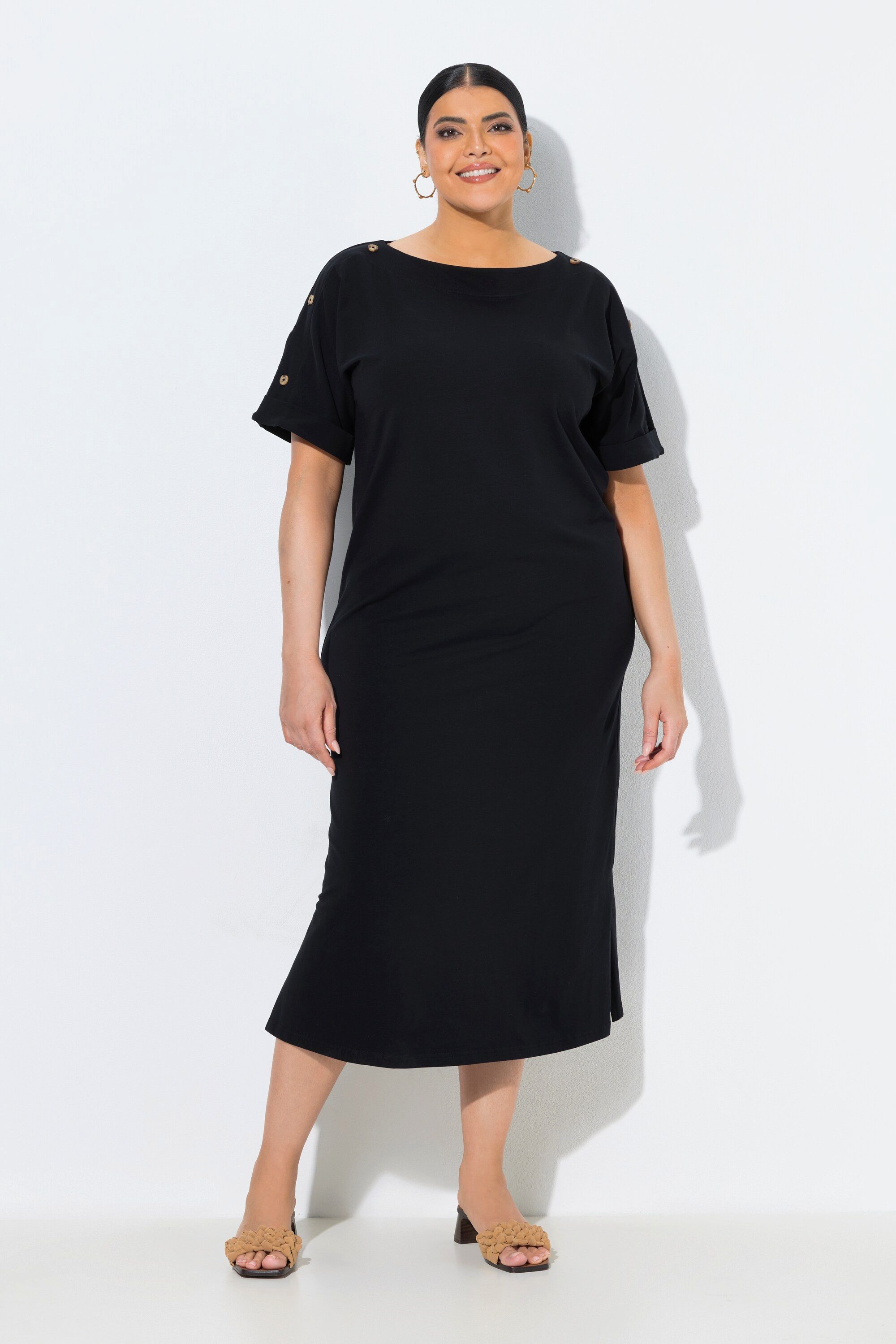 Midikleid Midikleid Zierknöpfe Oversized Rundhals Halbarm