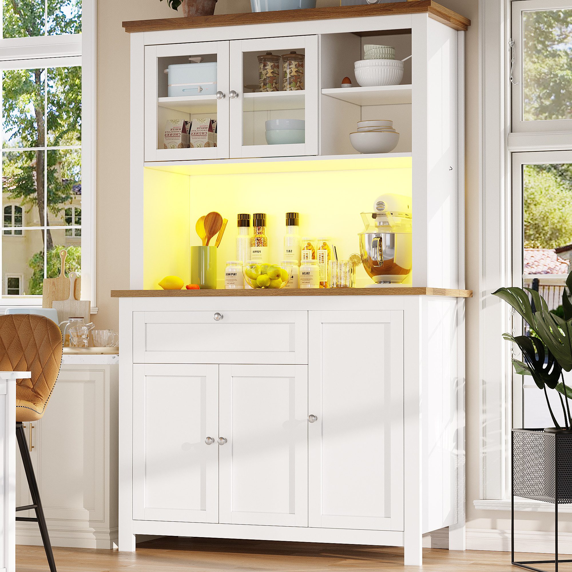 Odikalo Küchenbuffet Küchenschrank Sideboard Hochschrank mit Schublade & LED (Küchenschrank(104×40×180cm), Hochschrank Küchenbuffet, Vitrinenschrank, Buffetschrank mit Verstellbaren Ablagen, Sideboard mit LED-Beleuchtung,Variable Lichtfarben,weiß)