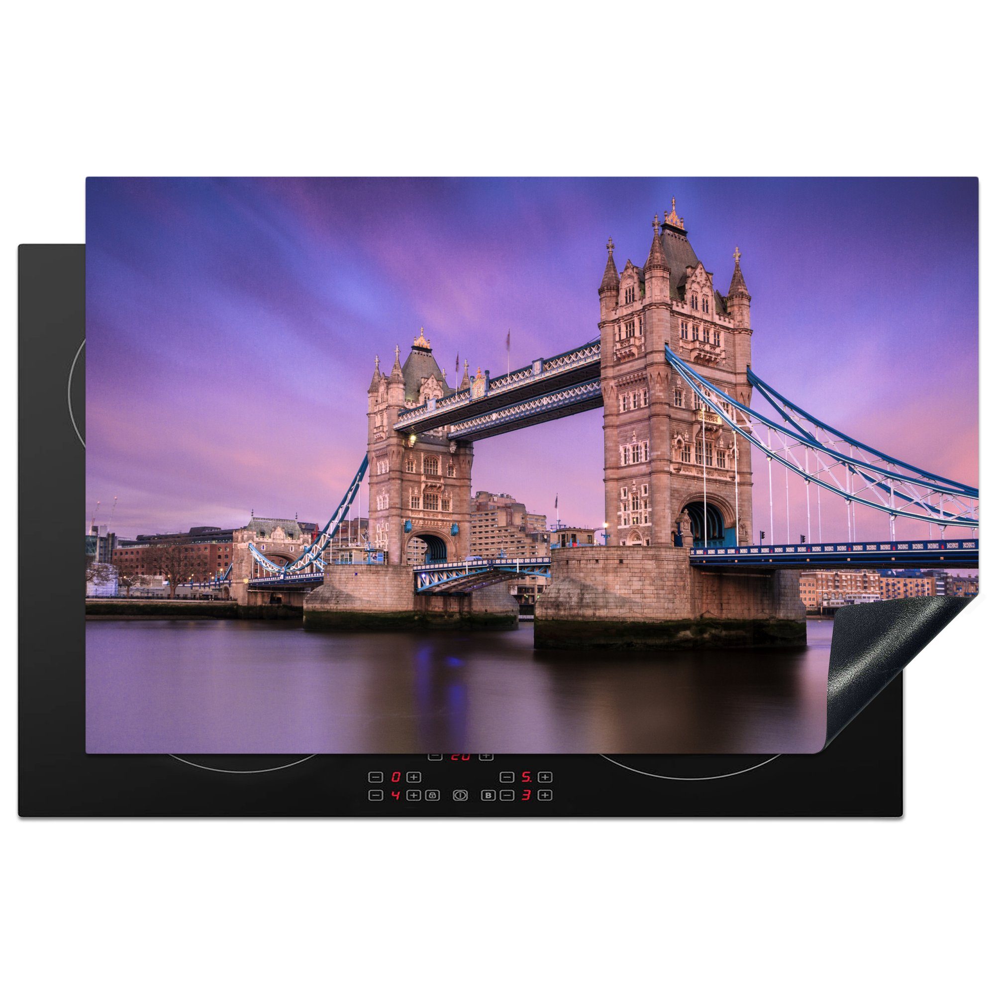 MuchoWow Herdblende-/Abdeckplatte Rosa Farben am Himmel über der Tower Bridge in London, Vinyl, (1 tlg), 81x52 cm, Induktionskochfeld Schutz für die küche, Ceranfeldabdeckung