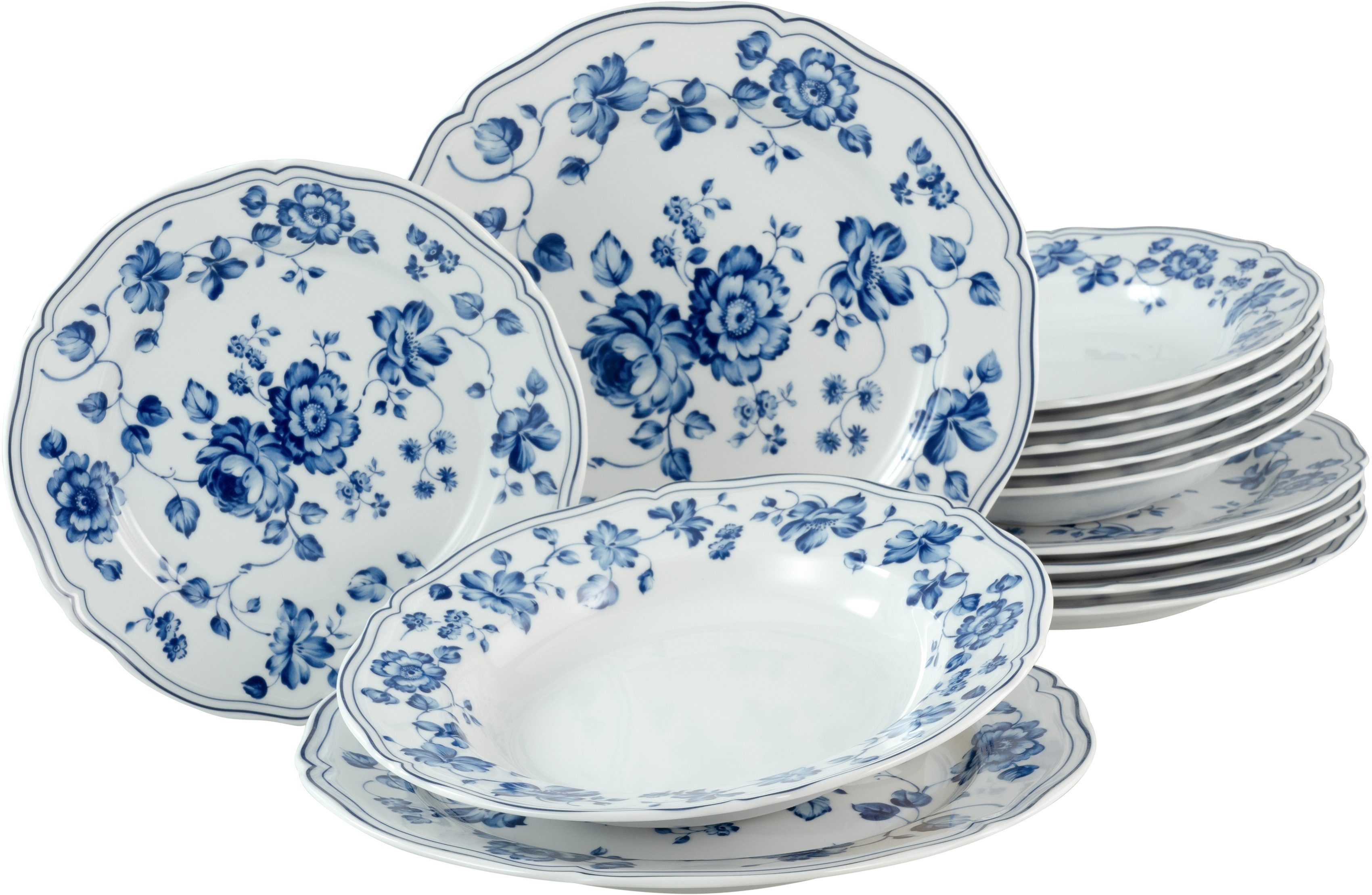 CreaTable Tafelservice »ROYAL BLUE FLOWER« (12-tlg), Porzellan, blaue  Rosenmotive in oppulenter Anlage online kaufen | OTTO