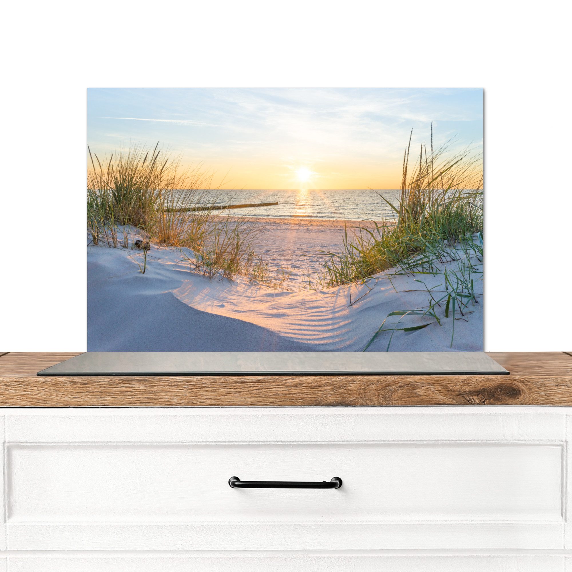 KitchenYeah Küchenrückwand Strand - Sonne - Düne - Gras - Sand - Horizont, (1-tlg), Spritzschutz Küche, Küchendeko, 60x40 cm