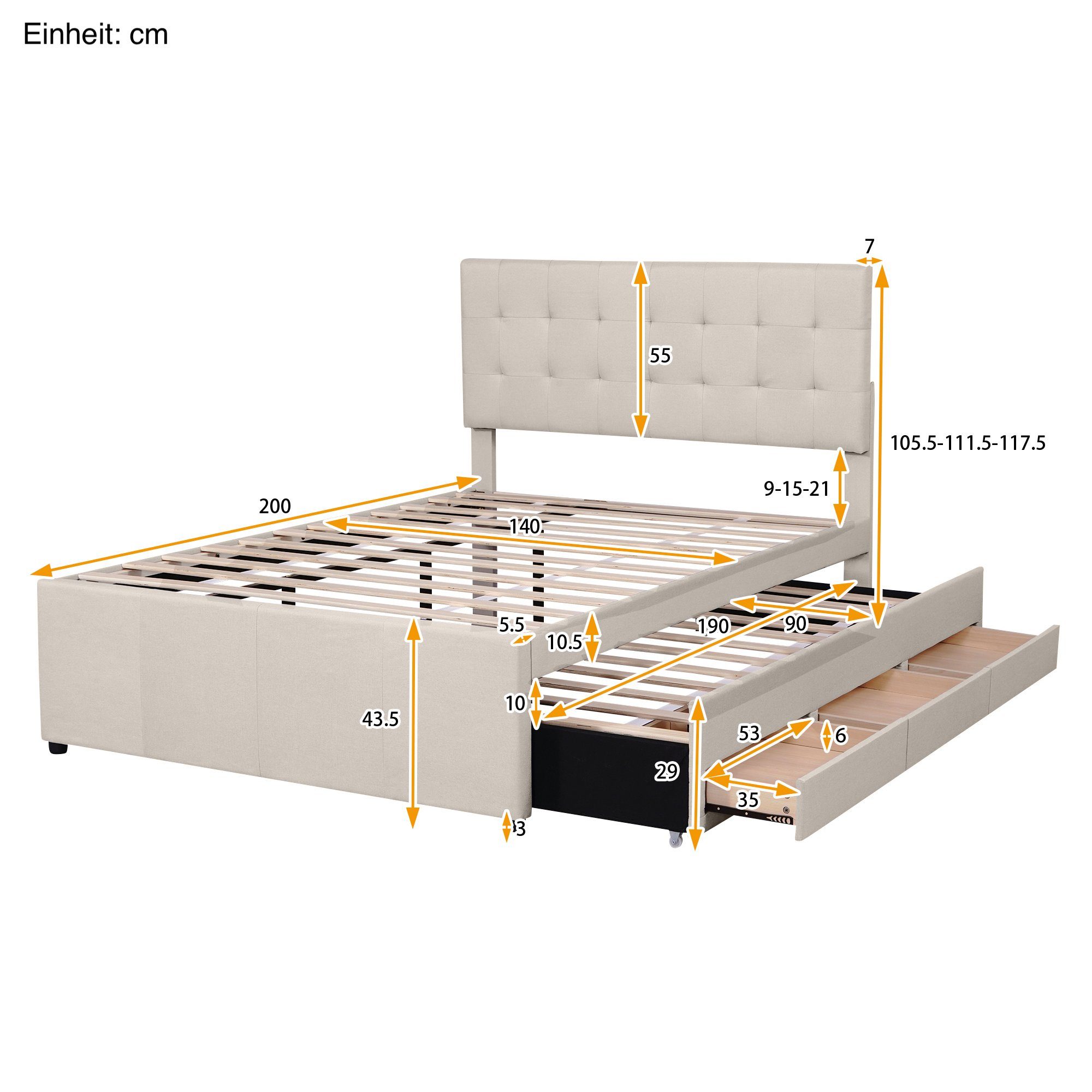 SOFTWEARY Polsterbett (Doppelbett mit Schubladen, cm), höhenverstellbar, und Leinen 2. beige Kopfteil Schlafgelegenheit, 140x200 Lattenrost