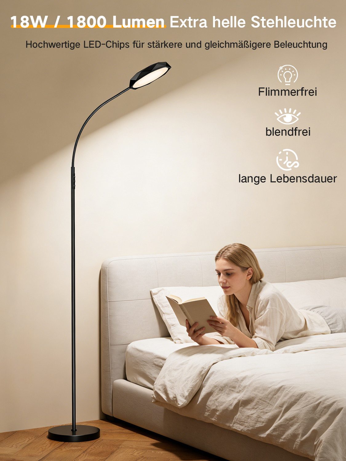 Lujasi LED Stehlampe 18W 2000LM Dimmbar Sofa Leselampe mit 4 Farbtemperatur, Fernbedienung, lineare Leuchtdichte, Stehlampe Wohnzimmer, deckenfluter, Kaltweiß/n – Bild 5 von 5