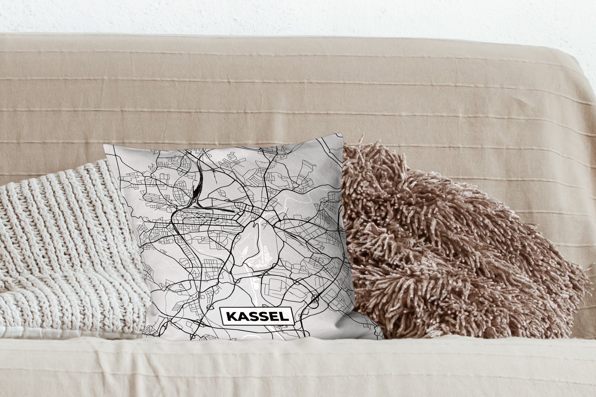 Schlafzimmer, - Sofakissen - Füllung - Deutschland Deko, Stadtplan, mit Wohzimmer, für Karte - Kassel Dekokissen MuchoWow Karte Zierkissen