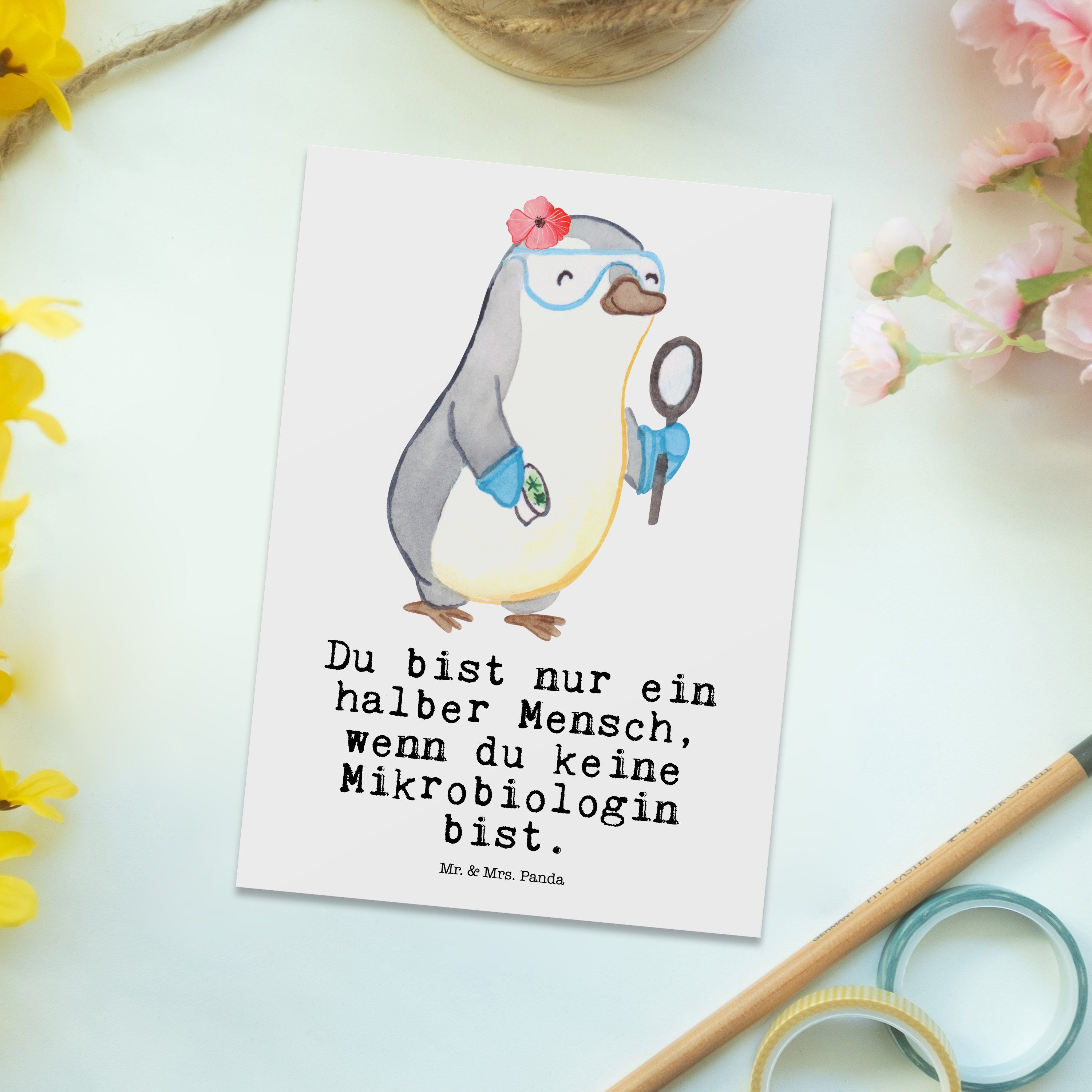Geschenk, Mr. & Herz - Ansichtskarte Dankeskarte, - Mikrobiologin Mrs. Postkarte Weiß mit Panda