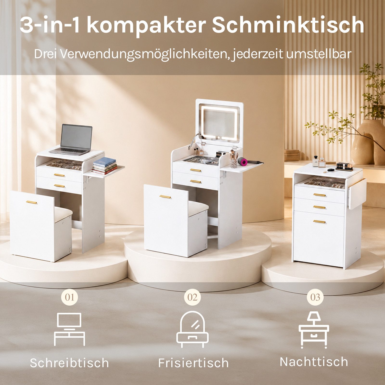 Woltu Schminktisch (1-St), 3-in-1 Frisiertisch mit Beleuchtung klappbarer Spiegel Seitenplatte