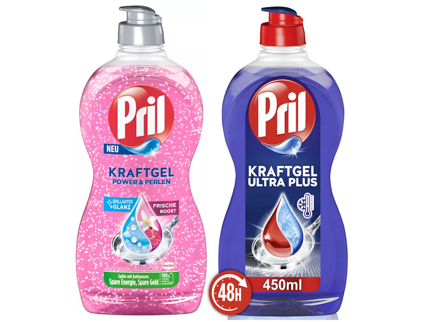 PRIL Kraftgel Power & Perlen Granatapfel & Ultra Plus 2 x 450ml Geschirrspülmittel (Doppelpack, [2-St. mit höchster Fettlösekraft für sauberes Geschirr)