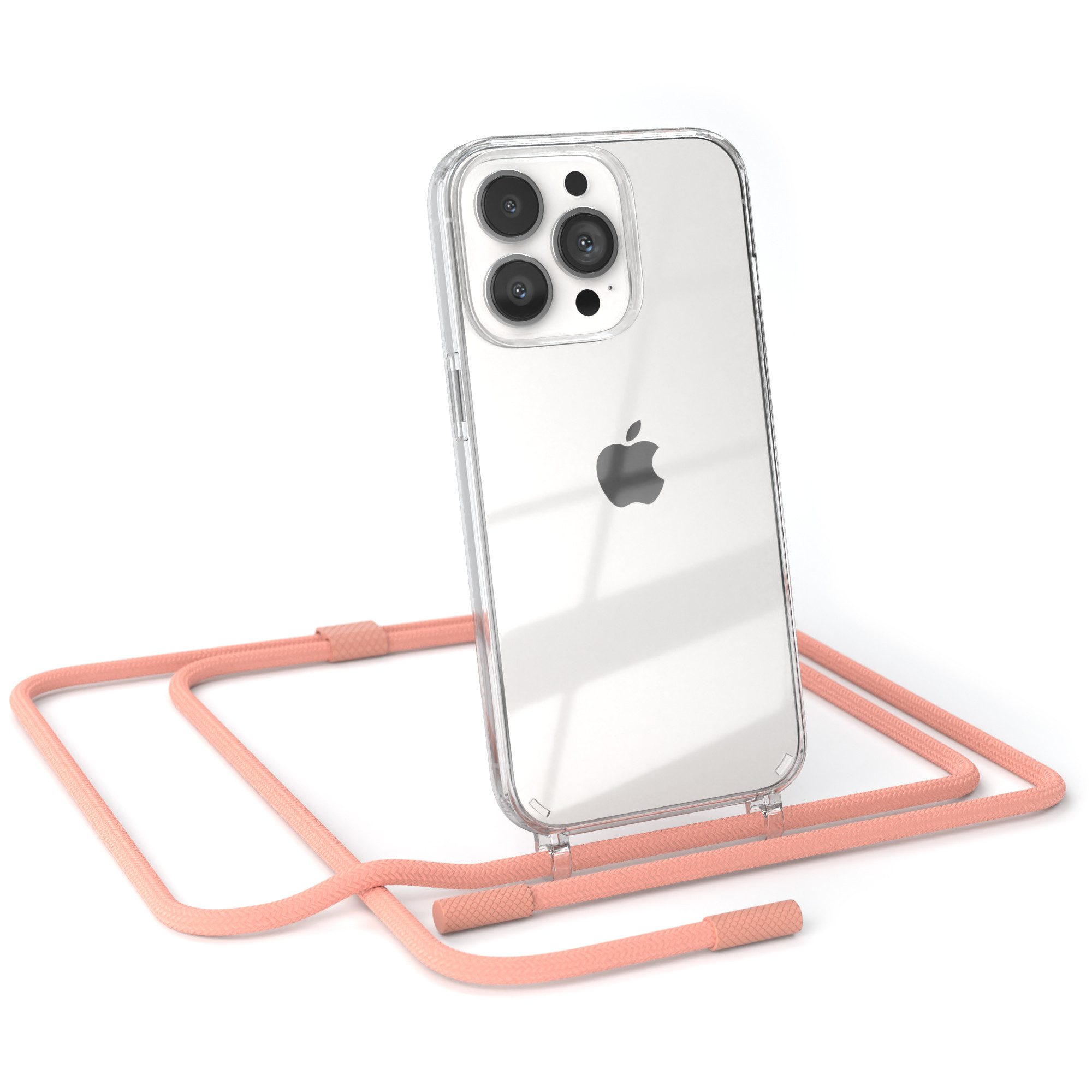 EAZY CASE Handykette Silikon Kette Unifarbe für Apple iPhone 13 Pro 6,1 Zoll, Hülle mit Band 2in1 Handyband Etui Case mit Kordel Altrosa Koralle