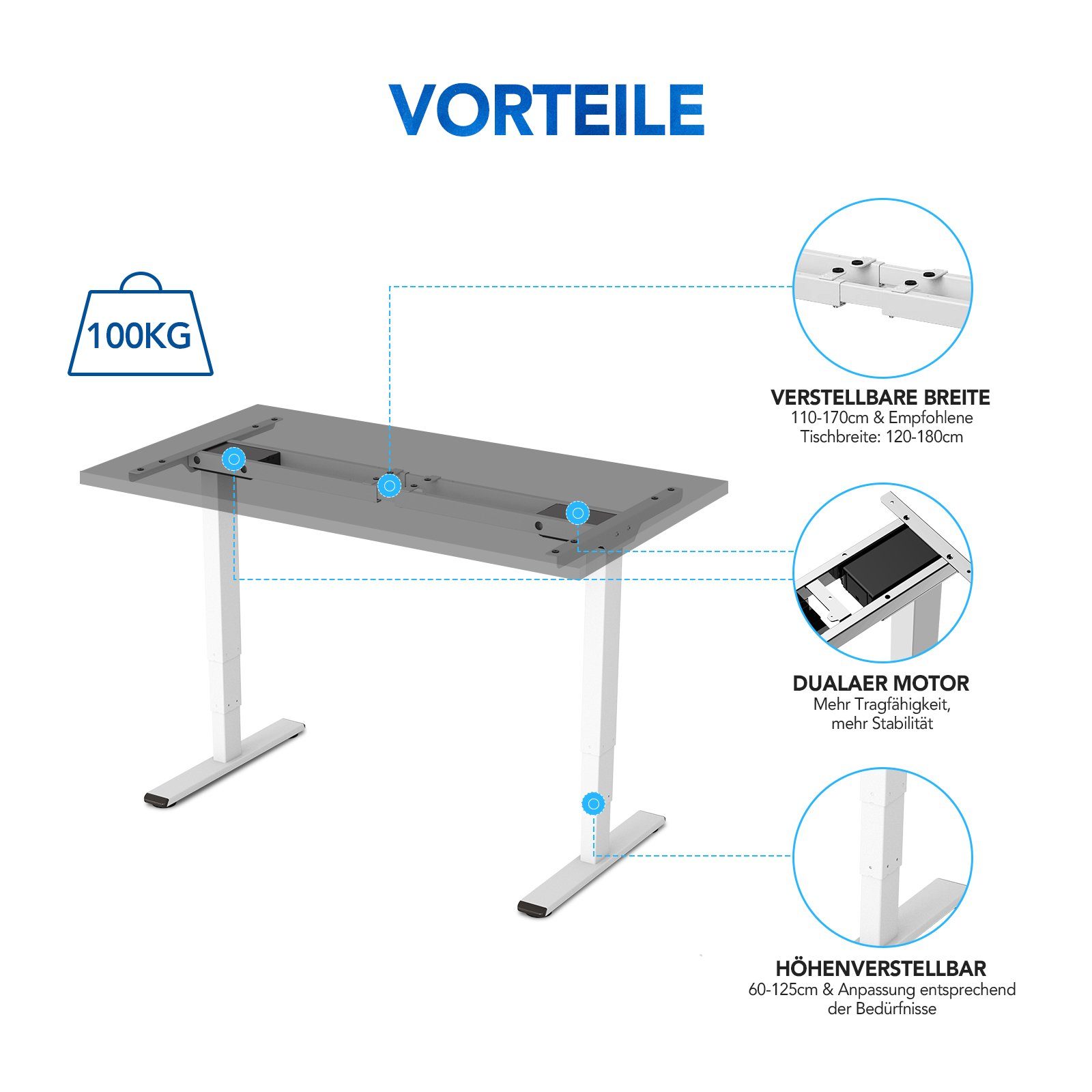 SANODESK 3-Fach-Teleskop. Schreibtisch Elektrisch Höhenverstellbares höhenverstellbares Tischgestell, Weiß Tischgestell,