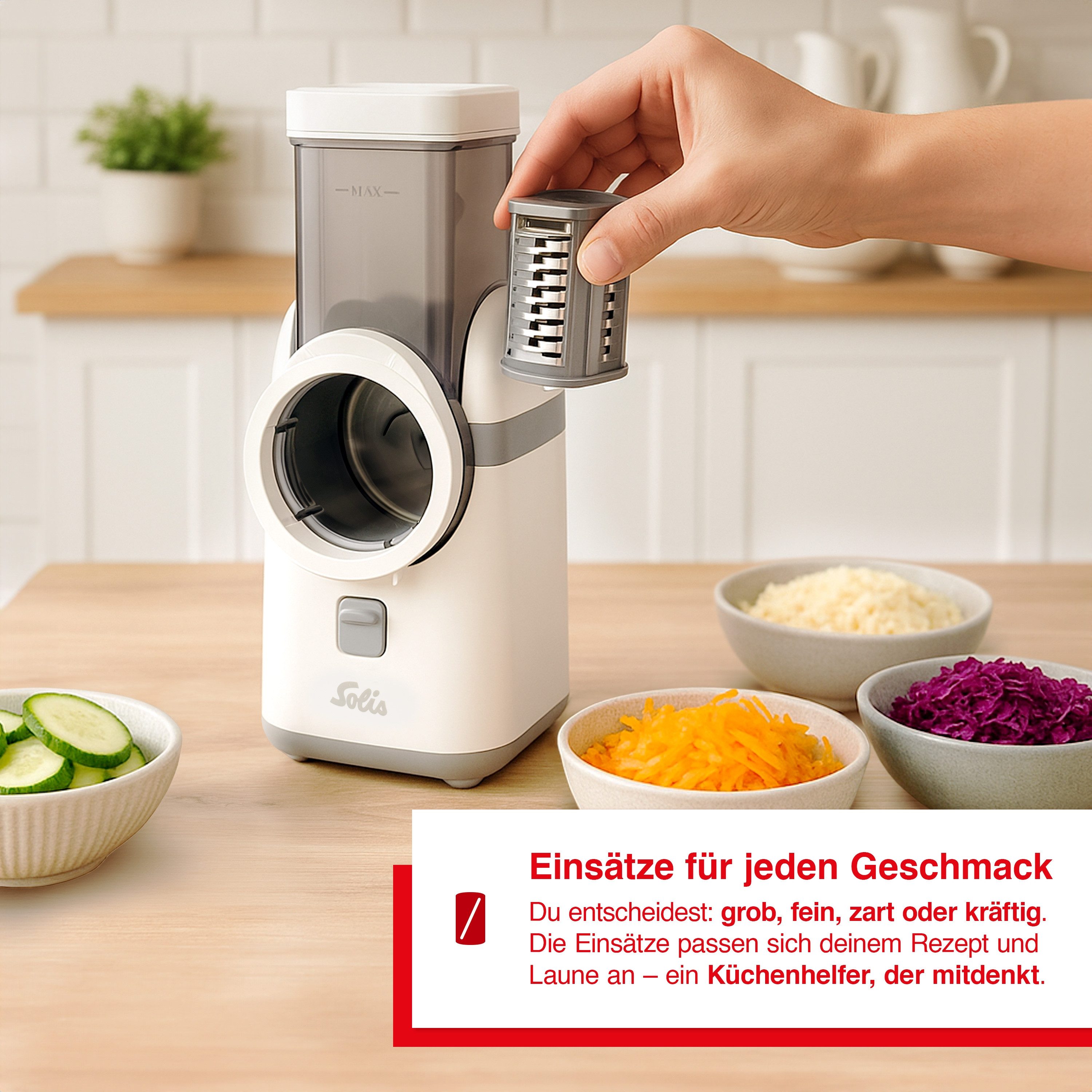 SOLIS OF SWITZERLAND Zerkleinerer Multi-Slicer, Typ 8402, 80 W, 5 auswechselbare Einsätze, reiben, raspeln, schneiden, riffeln