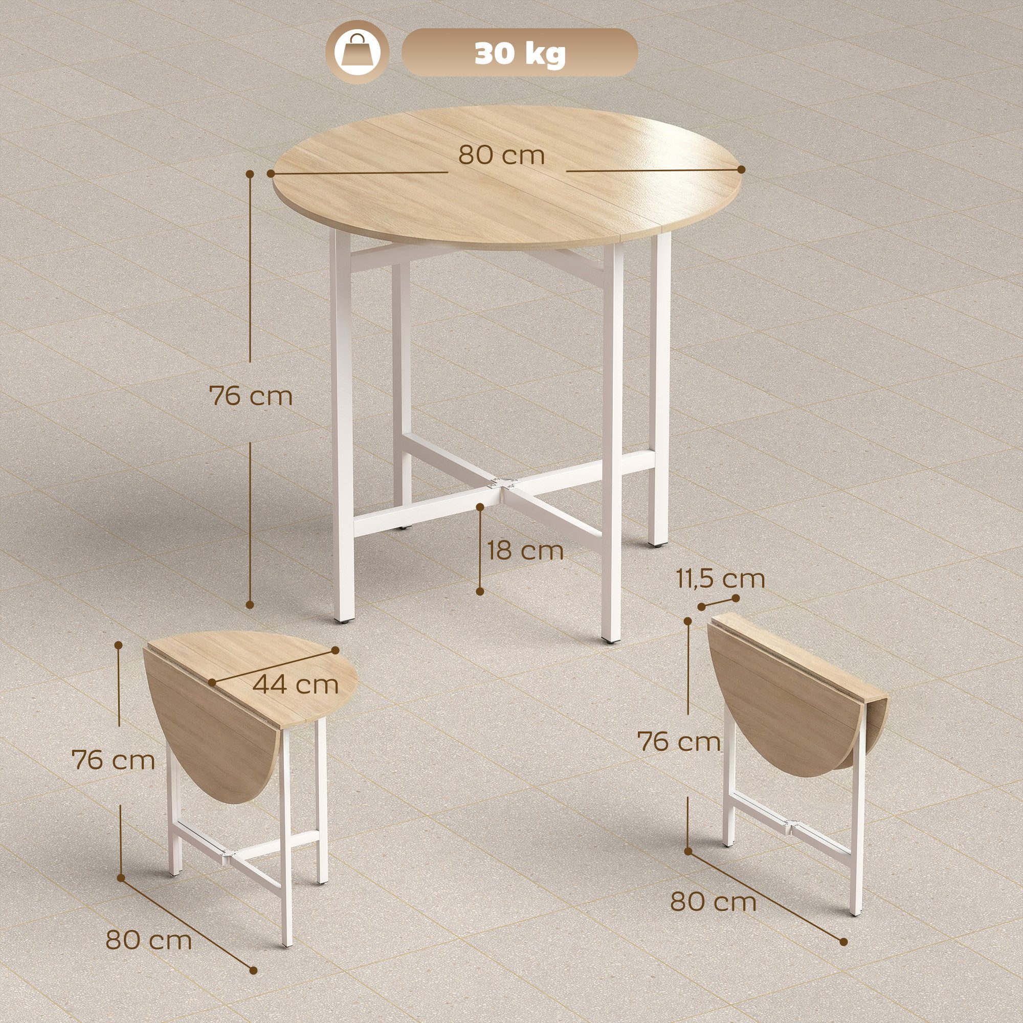 HOMCOM Klapptisch Esstisch für 2-4 Personen, mit Stahleinen, Esszimmer, Naturholz (Esszimmertisch, 1-St., Küchentisch), Runde, klappbare Tischplatte, platzsparend