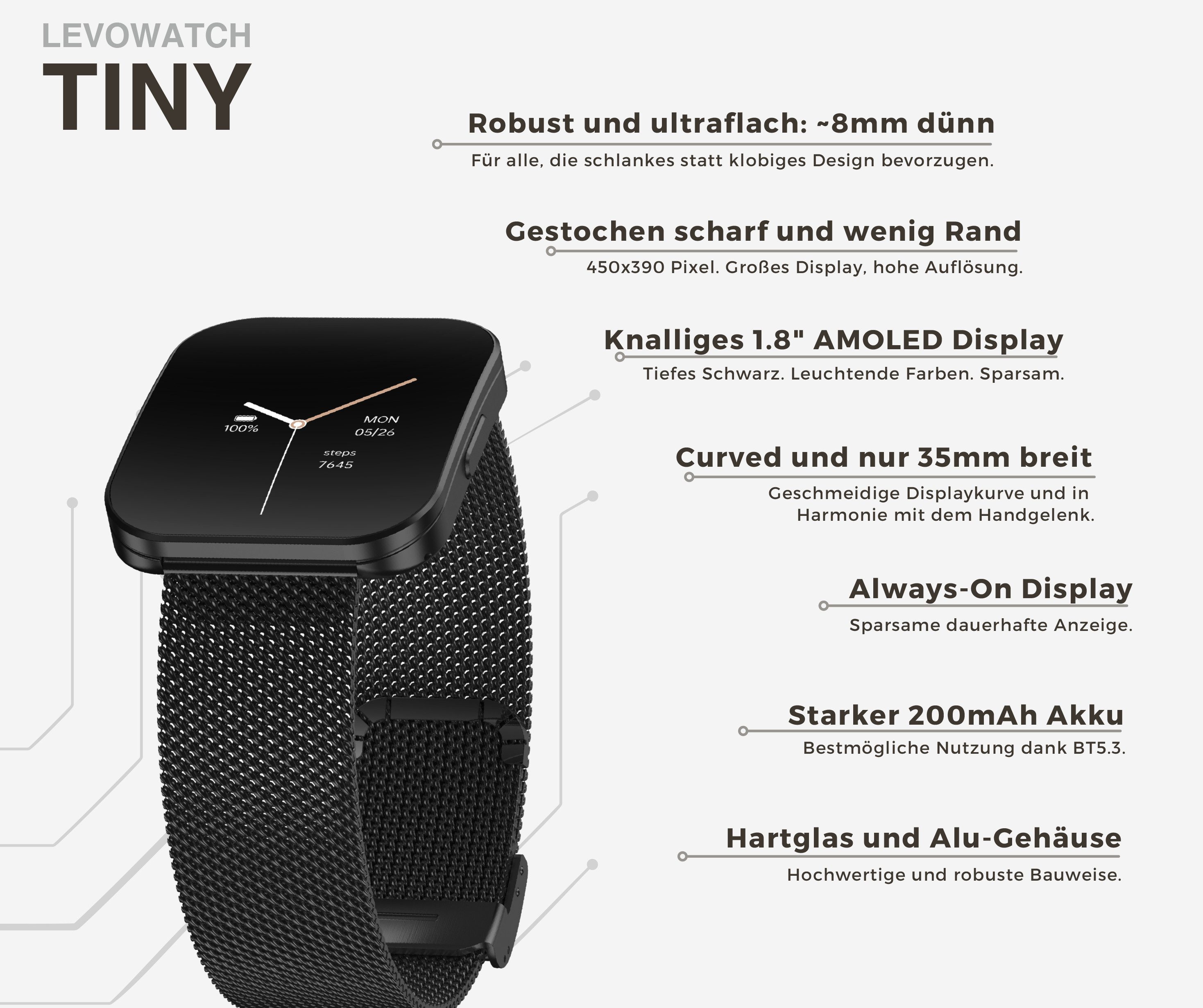 Levowatch TINY Herren Smartwatch, 8mm flach, Sprachassistent, AMOLED Always-On Smartwatch (4,7 cm/1.8 Zoll, Android und iOS) Fitness Tracker Uhr, 3 Armbänder, BT5.3, wasserdicht, robustes Alu-Gehäuse, 4-teilig, Schrittzähler, Puls, SpO2, Blutdruck, Schlafüberwachung, Anruffunktion