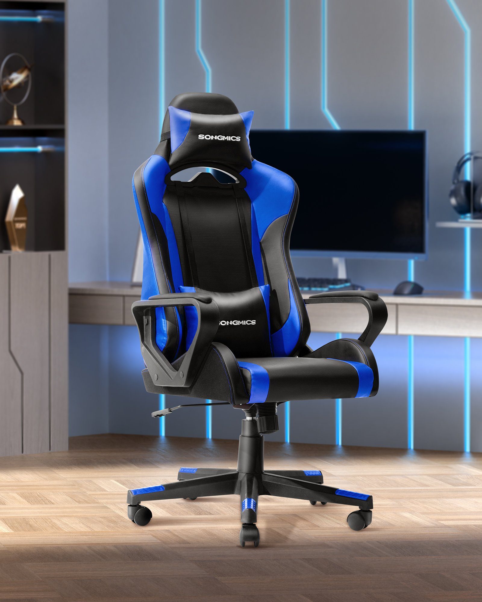 SONGMICS Gaming Chair, ergonomisch, höhenverstellbar, Wippfunktion Blau