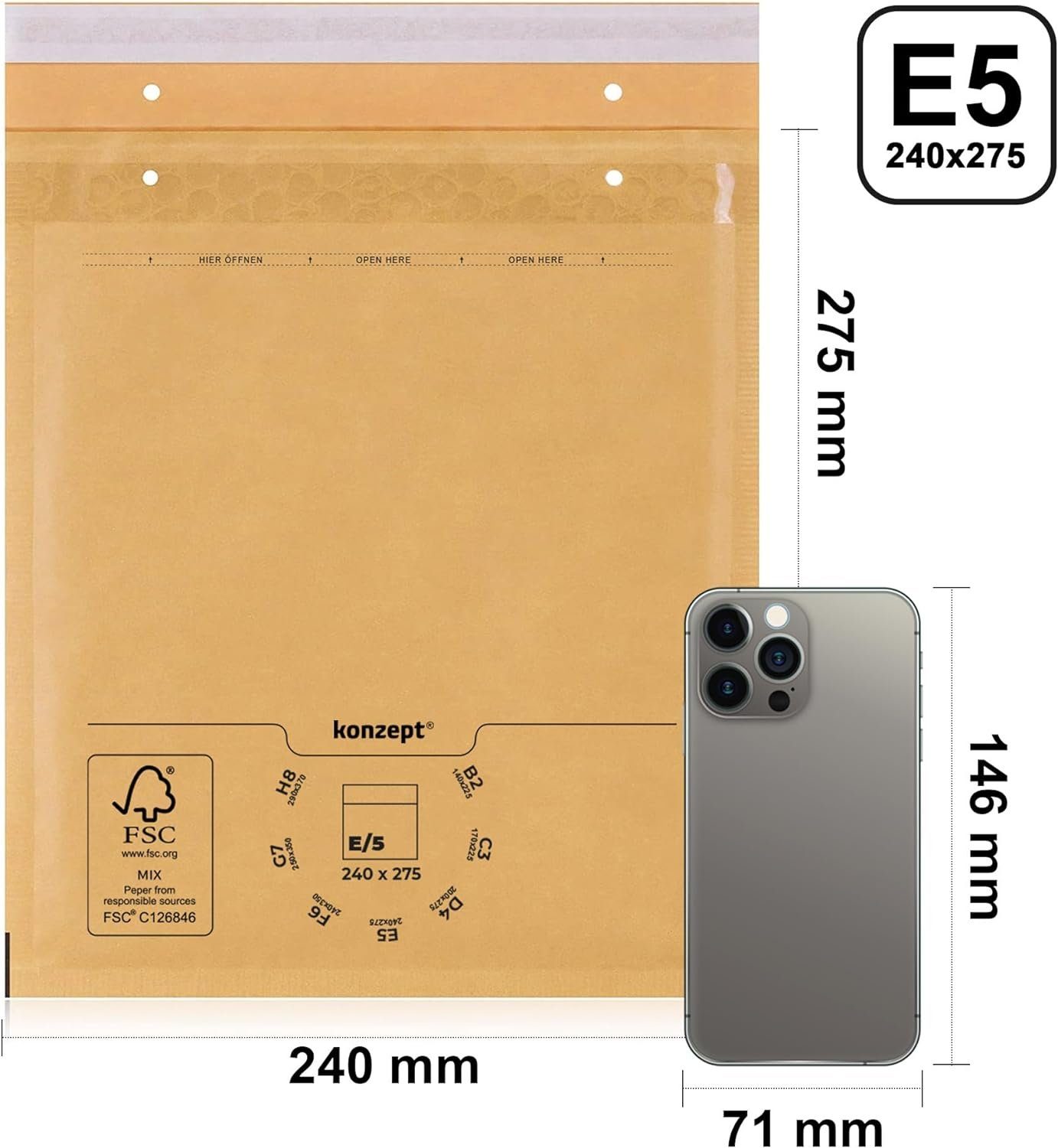 KONZEPT Versandtasche Luftpolsterumschläge, Gepolsterte Briefumschläge, Luftpolstertaschen für Brief, Unterlagen CD, Fotos, Bücher, Kleidung