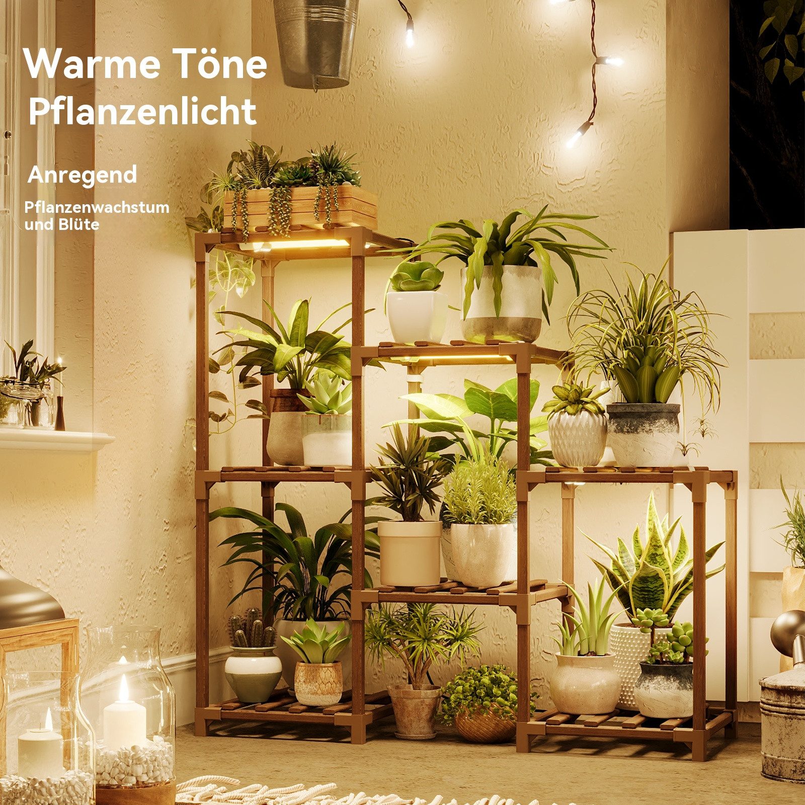 Bamworld Blumenständer Pflanzenständer mit Pflanzenlampe, Holzregal mit Warmlicht (1 St), 3 Ebenen, platzsparend, ideal für kleine Räume – Bild 5 von 5