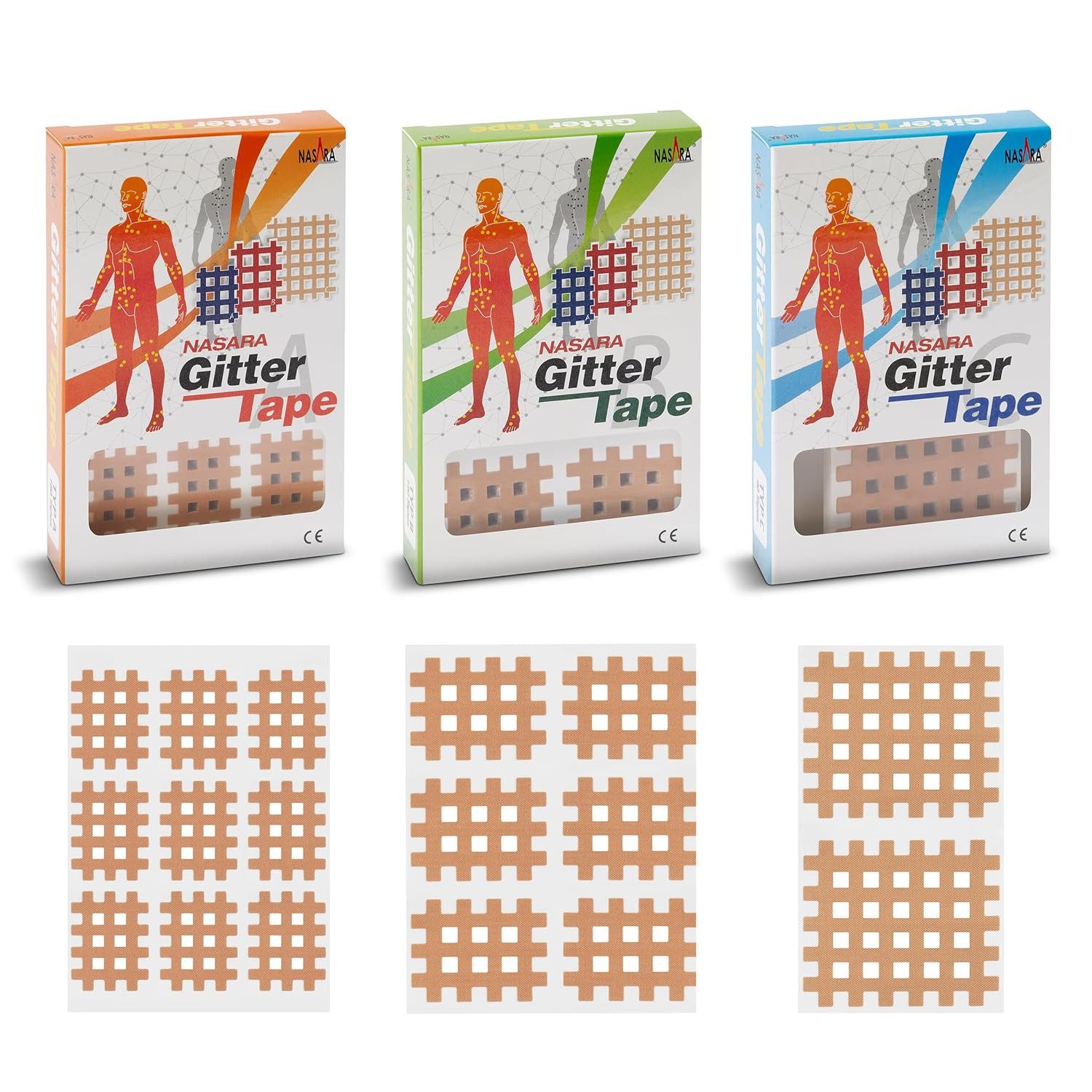 NASARA Kinesiologie-Tape NASARA Original Gitter Tape im 3er Sparset (1x Typ A, 1x Typ B, 1x Typ