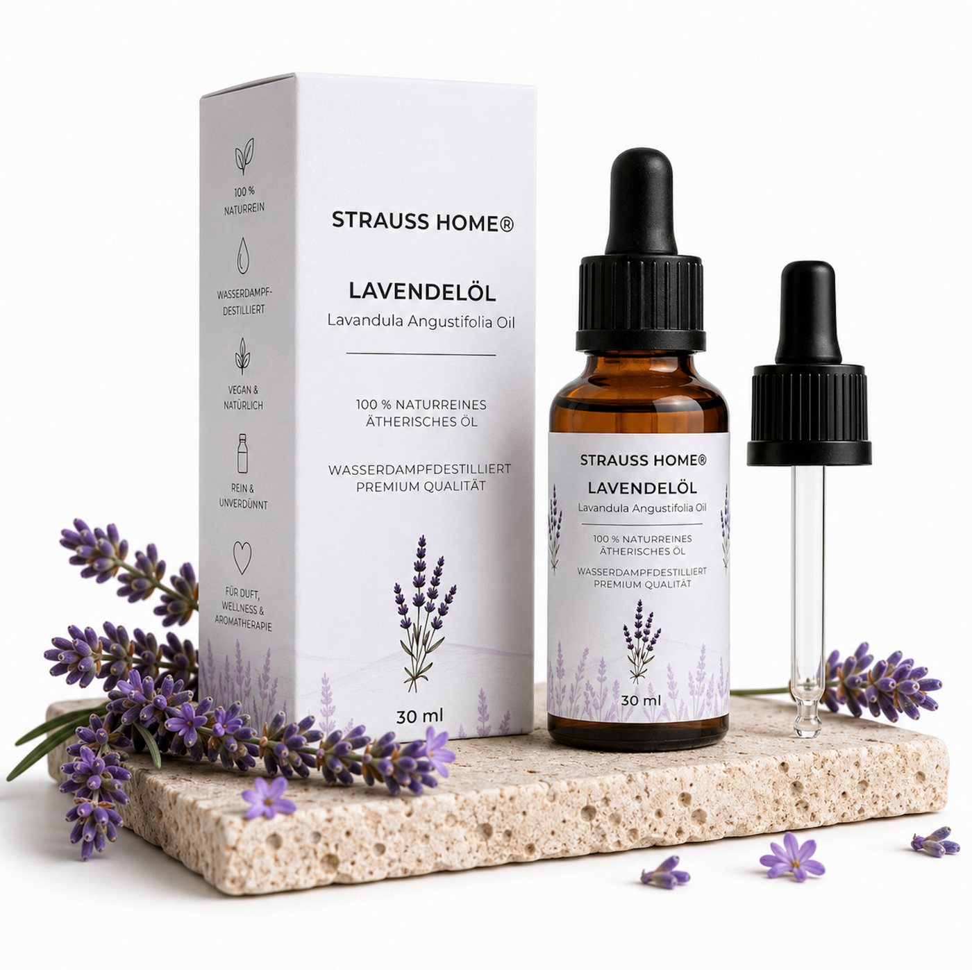 Strauss Home Duftöl Lavendelöl Lavandula Angustifolia mit Tropfeinsatz Premium-Qualität, 100 % naturreines ätherisches Lavendelöl