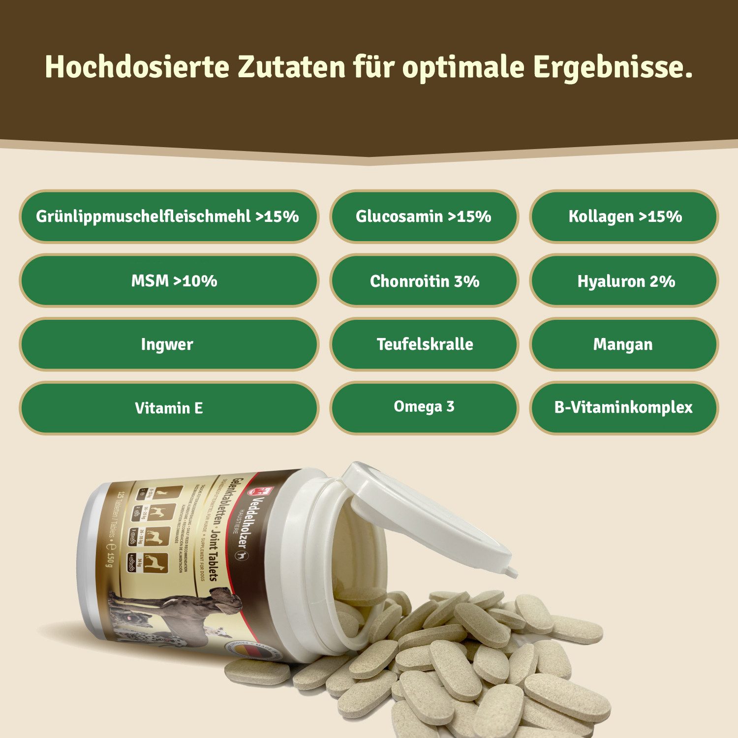 Veddelholzer Hunde Gelenktabletten mit Grünlippmuschel MSM & Teufelskralle, Nahrungsergänzungsmittel für: Hunde, Glucosamin & Kollagen 125 Kapseln Hunde Leckerlis