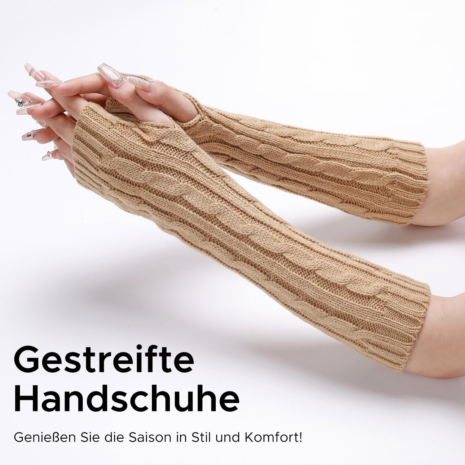 Refttenw Strickhandschuhe Damen Gestrickte Armwärmer Pulswärmer Armstulpen Fingerlose Handschuhe mit Daumenloch, Zopfmuster Gestrick