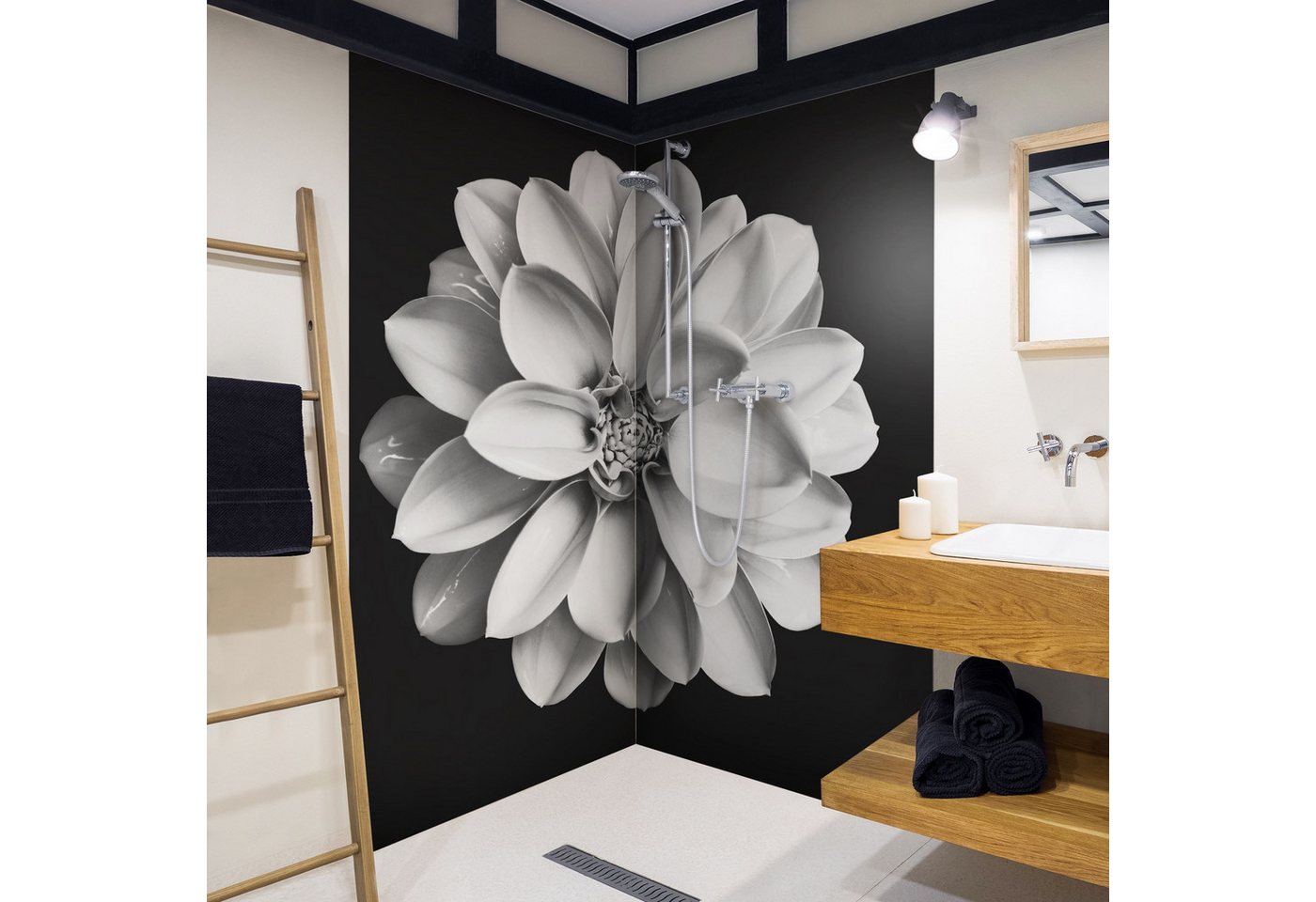Thumbnail - Bilderdepot24 Badrückwand Blumen schwarz weiß Duschrückwand ohne Bohren Dusche, (Hartfolie matt » Selbstklebend SMART 0,...