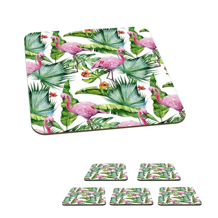 MuchoWow Glasuntersetzer Blätter - Flamingo - Blumen - Dschungel Zubehör für Gläser 6-tlg. Glasuntersetzer Tischuntersetzer Korkuntersetzer Untersetzer Tasse