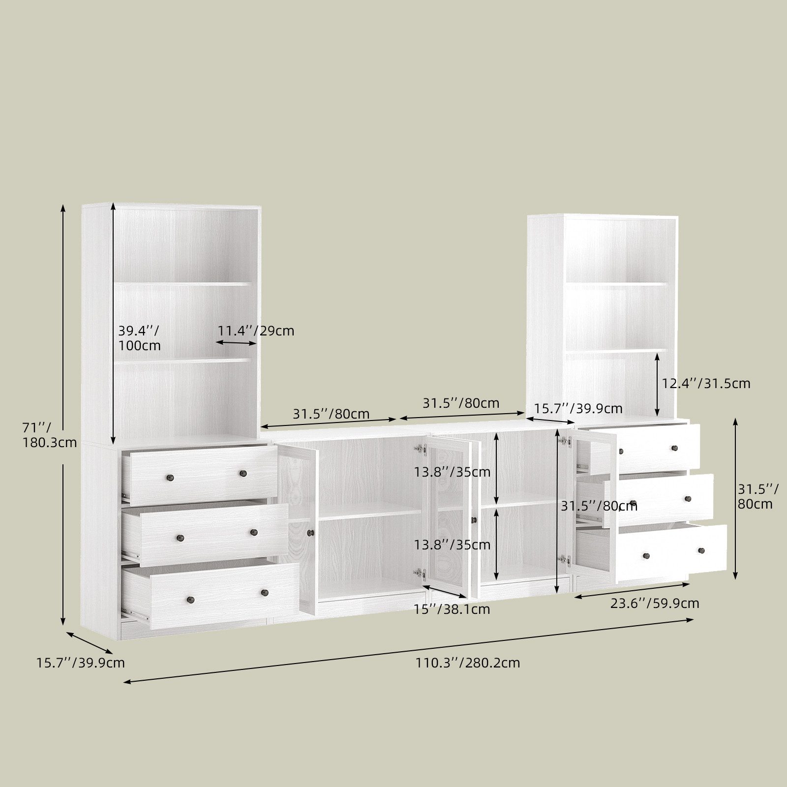 VOWNER TV-Schrank mit Bücherregalen für Fernseher bis zu 70 Zoll, 280 cm TV-Ständer (4-St) Wohnzimmer-Fernsehschrank mit gehärteten Glastüren und Einlegeböden
