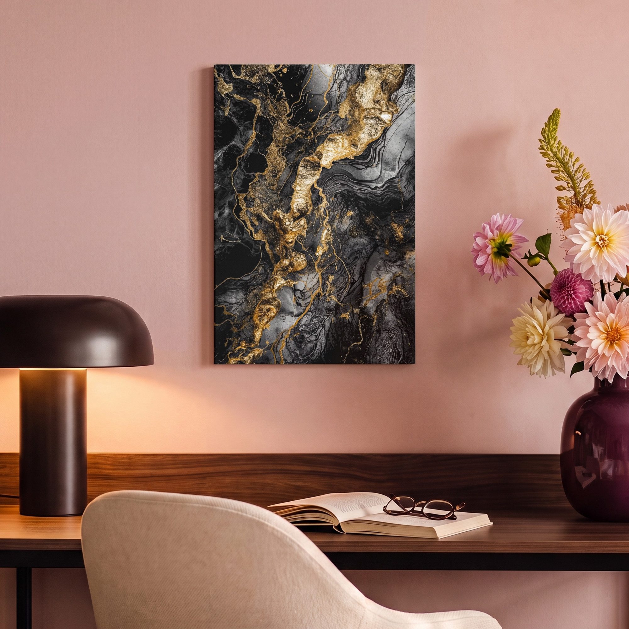 OneMillionCanvasses® Leinwandbild Marmor - Schwarz - Gold - Abstrakt, Fotodruck (1 St), Leinwand Canvas Wandbild, Wanddekoration 20x30 cm – Bild 4 von 5