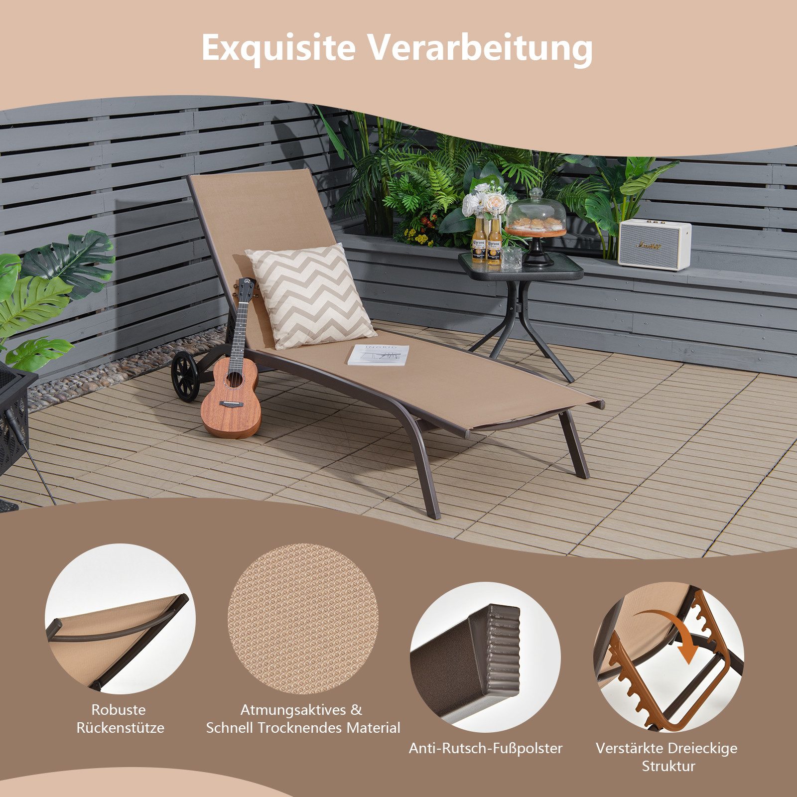 COSTWAY Gartenliege Sonnenliege, mit Rollen, 6-fach verstellbar – Bild 4 von 5