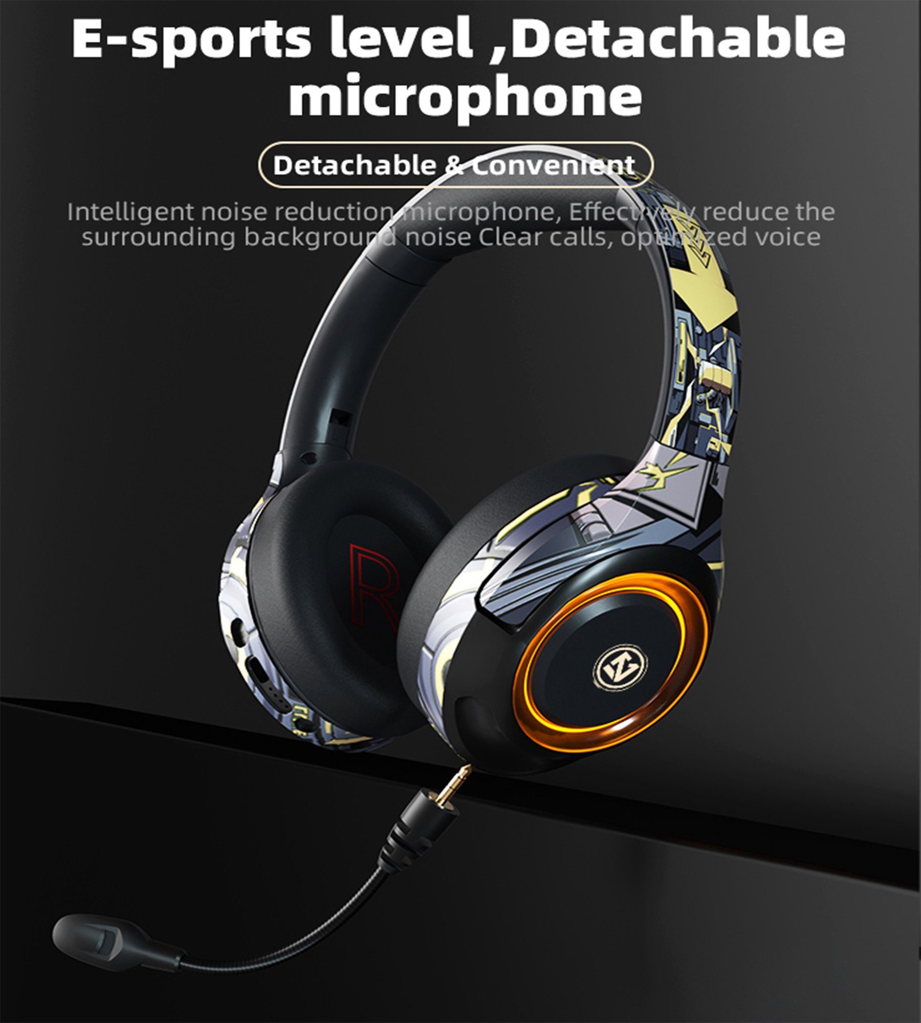 Mikrofon Ear-Kopfhörer Atemlicht 5.2, Wireless) (Bluetooth Noise-Cancelling,Hi-Fi mit Gaming-Headset Mutoy Bluetooth abnehmbar,RGB Headset,Faltbare, Stereo Gaming-Headset,Over