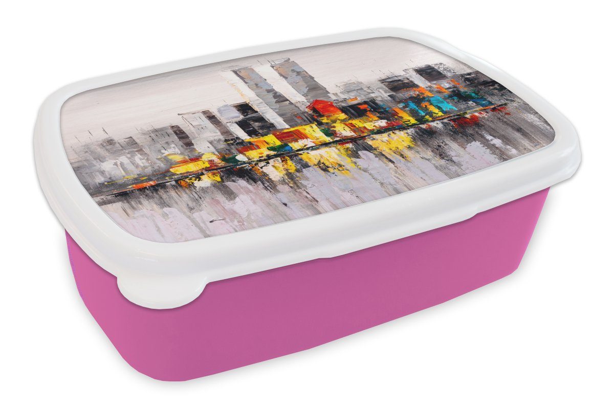 Kunststoff, Skyline (2-tlg), Erwachsene, Ölfarbe, rosa Lunchbox Mädchen, - Farben - Brotdose MuchoWow Snackbox, Brotbox Gemälde für Kinder, Kunststoff -