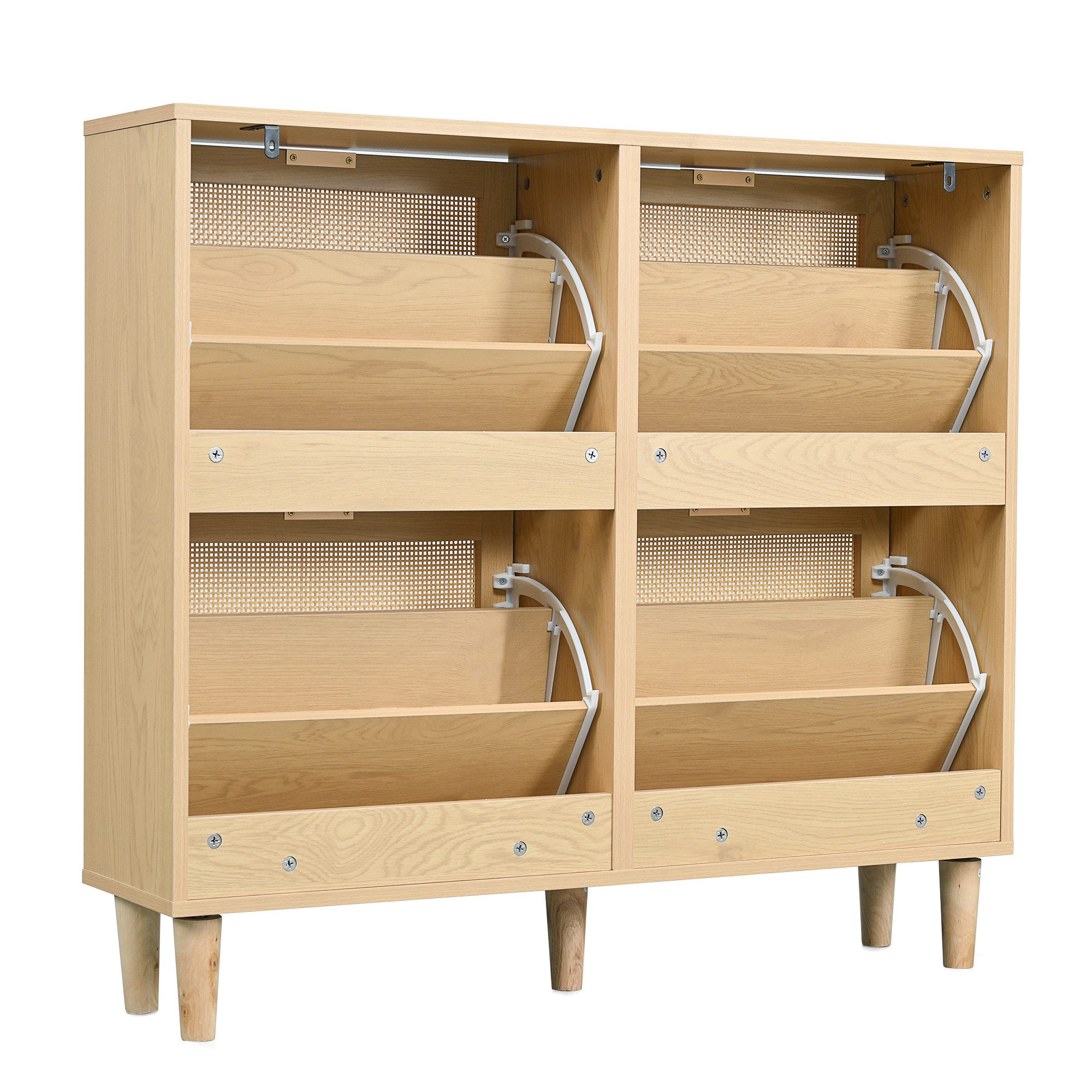 MODFU Schuhschrank aus Rattan (1-St., Maße: 100 x 25 x 90 cm) mit Metallgriffen und 4 Klappschubladen