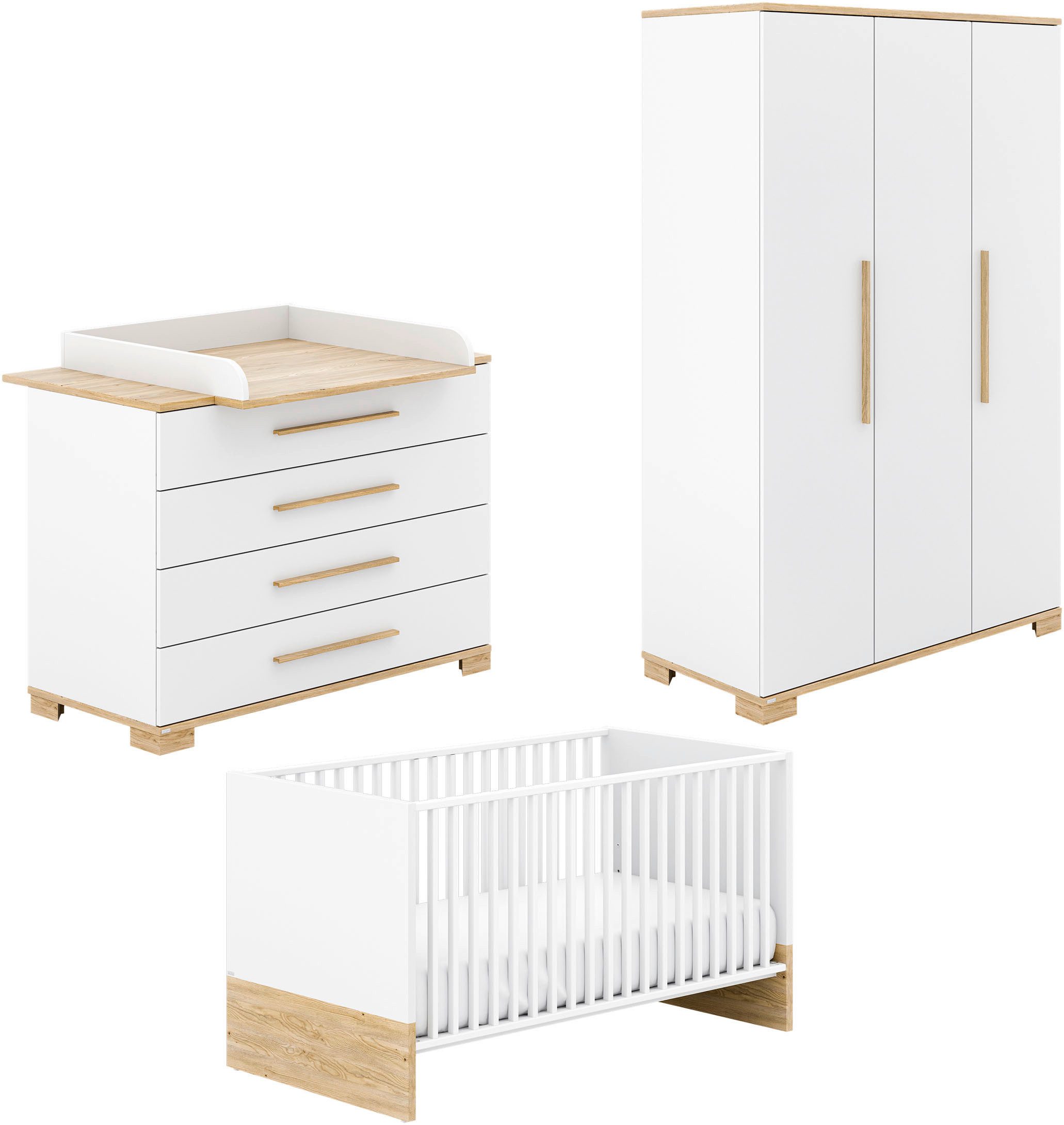 PAIDI Babymöbel-Set YOLANDA, 4-teiliges Babyzimmer in Weiß, hochwertiges Komplettset, (Spar-Set, 4-tlg., 70x140cm Babybett, Kleiderschrank 3-türig, Wickelkommode & Aufsatz), Kinderzimmer, Soft-Close-Funktion, mitwachsendes Bett inkl. Lattenrost