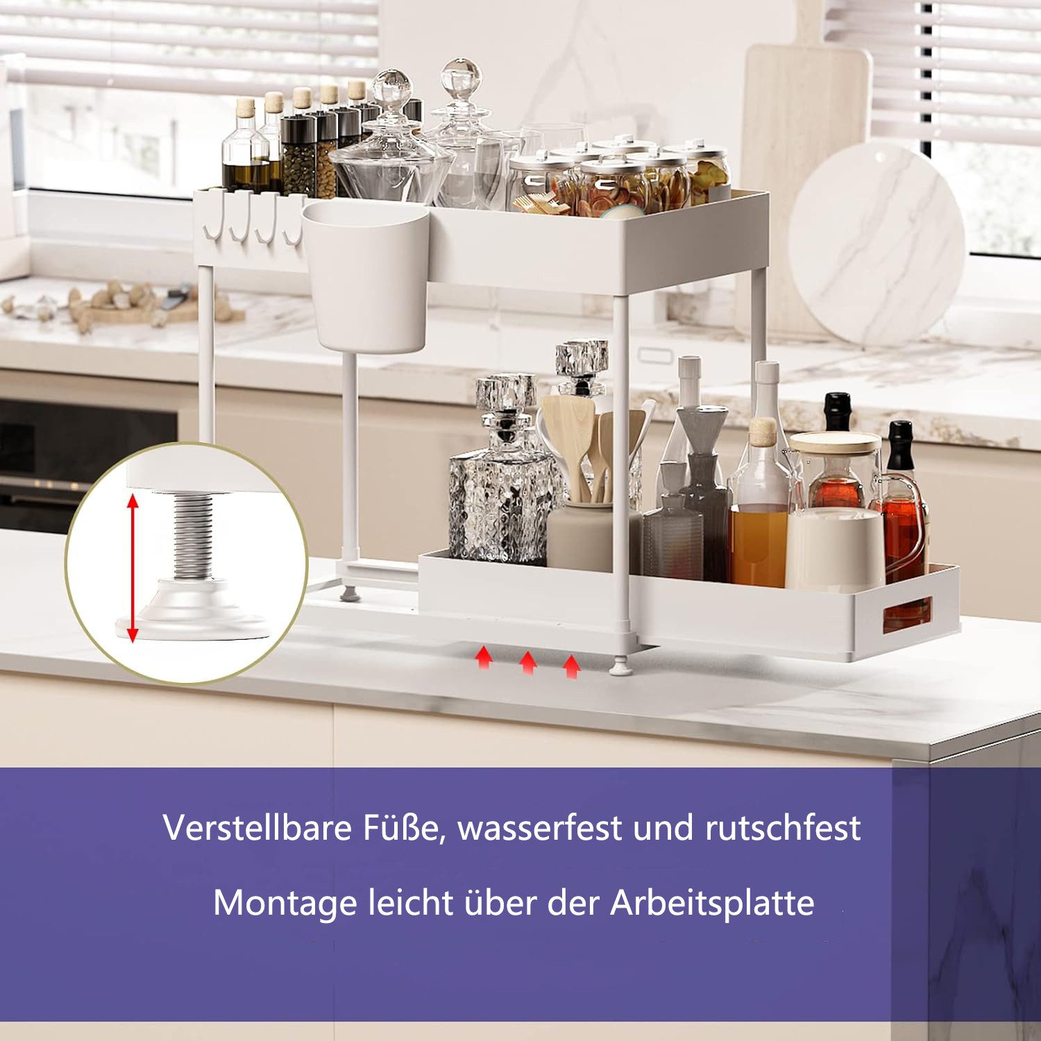 Refined Living Ablageregal Waschbecken Regal, Küchenschrank Organizer, Spülschrankregal Organizer, Lagerregal mit 2 Ebenen, mit Schiebeschublade, 4 Haken und 1  – Bild 5 von 5