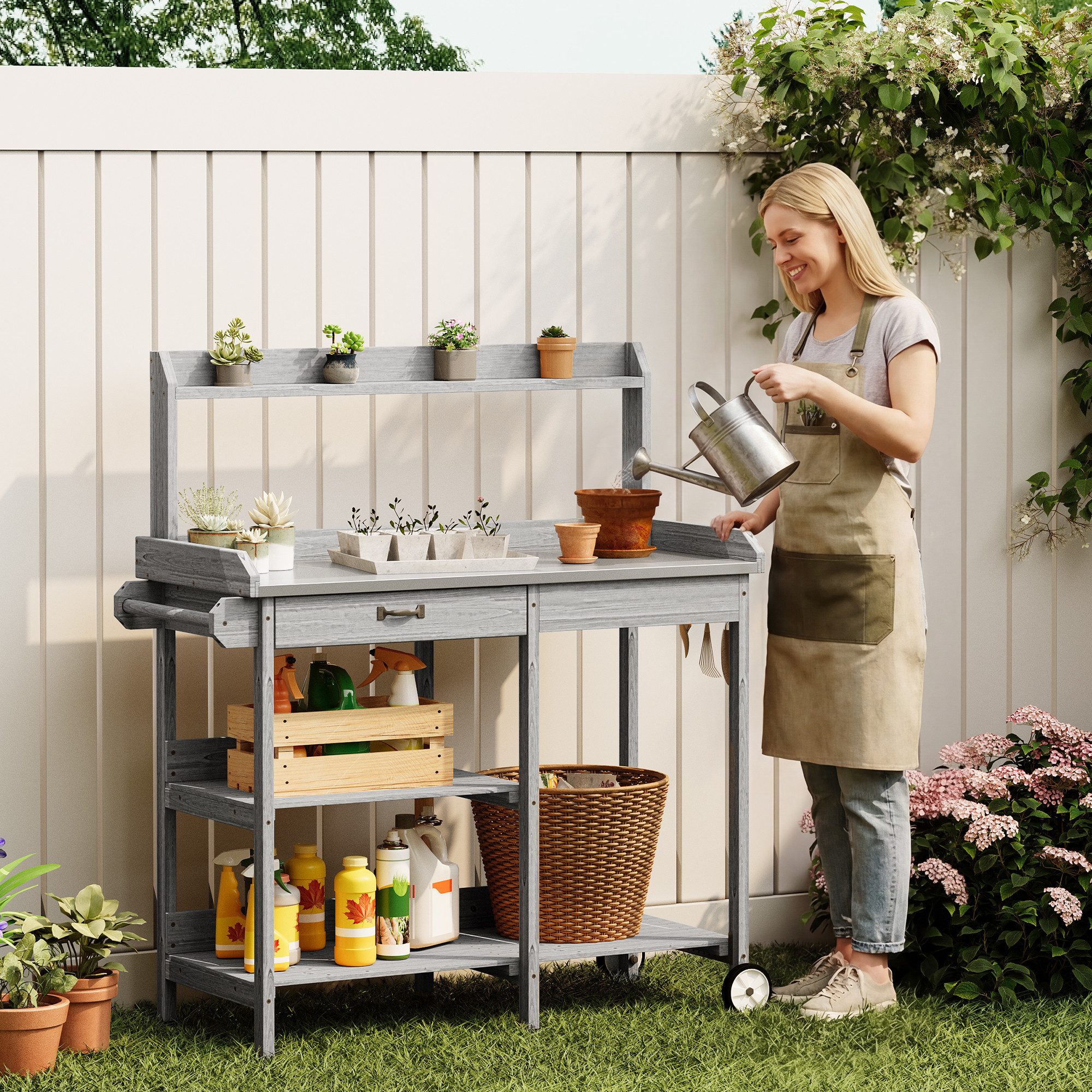 Bealife Garten-Geräteschrank Pflanztisch, Gärtnertisch, Pflanzenregal Mit Rollen, (Set), mit Schubladen, Ablagefläche und Haken,108 x 43 x 120 cm