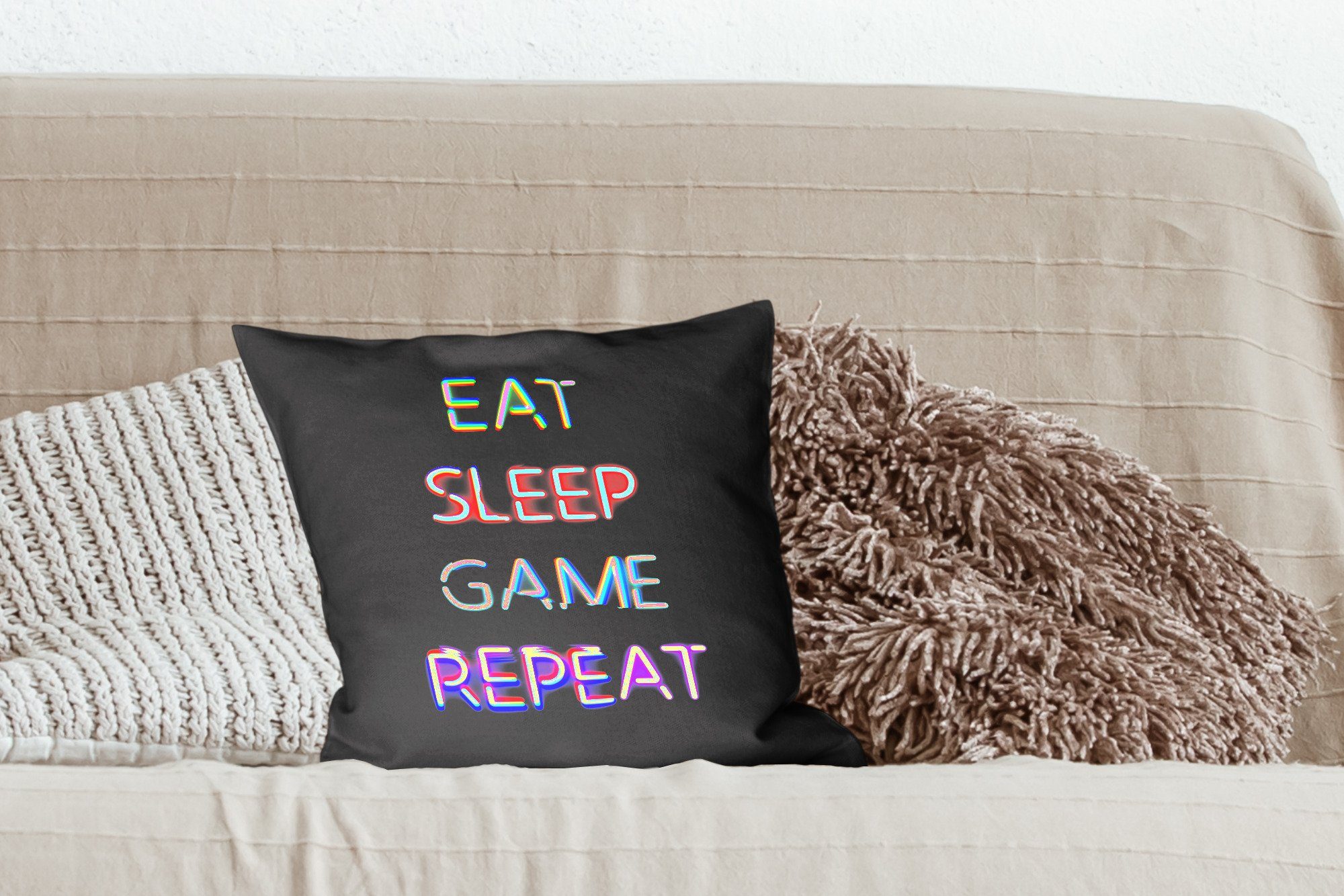 repeat Füllung - mit Zitat Wohzimmer, Led - Eat Schlafzimmer, Dekokissen Deko, Gaming für sleep Zierkissen Sofakissen MuchoWow game - Gaming, -