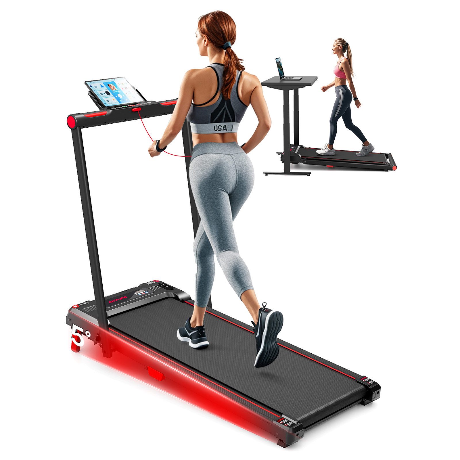 ANYLIFE Laufband mit Haltegriffen für Zuhause und Büro, Walking Pad 5% Steigung (1-tlg), 2,5 HP, leise mit Fernbedienung, max. 150 kg