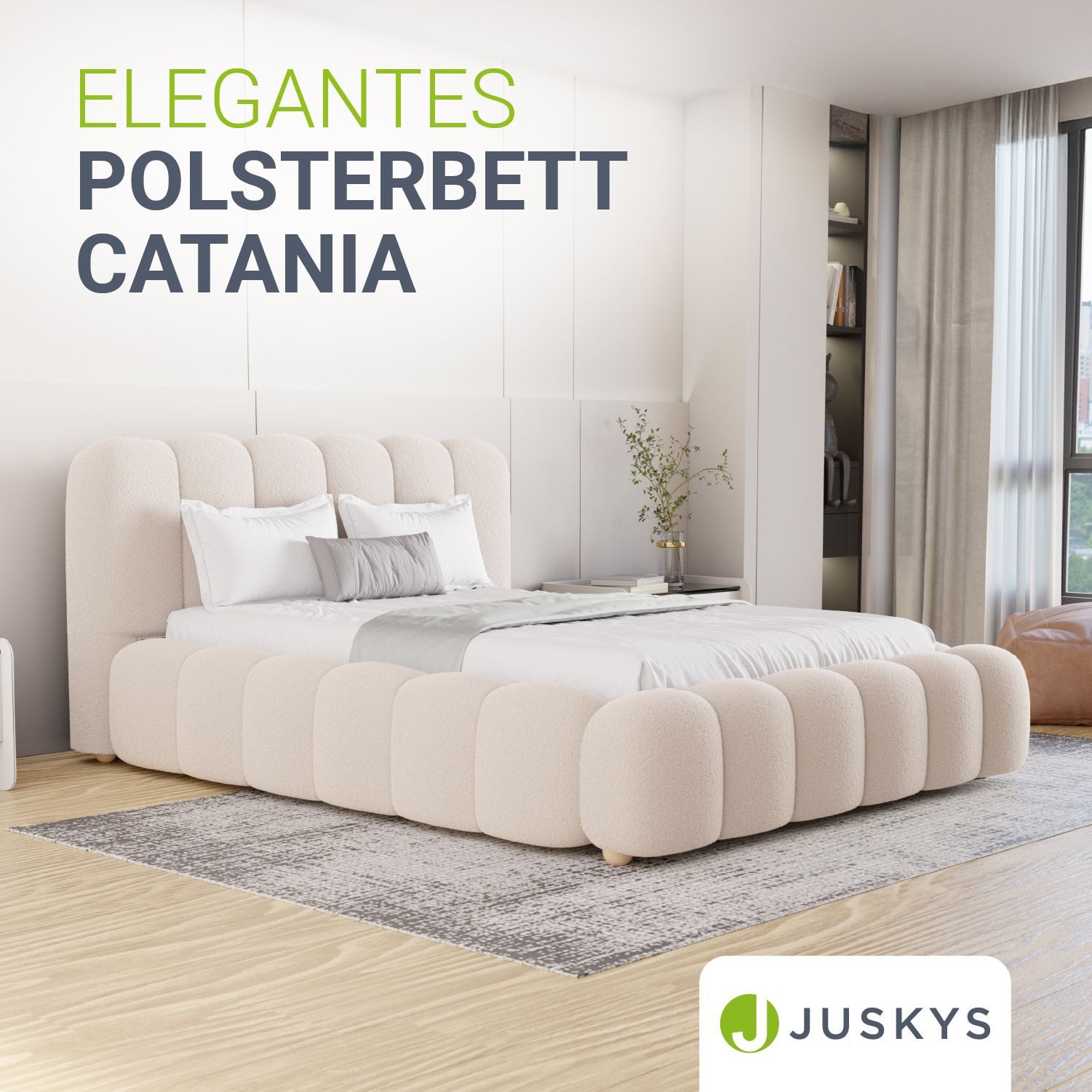 Juskys Polsterbett Catania, Gepolstertes Kopfteil, Bubble Design, Bouclé Stoff