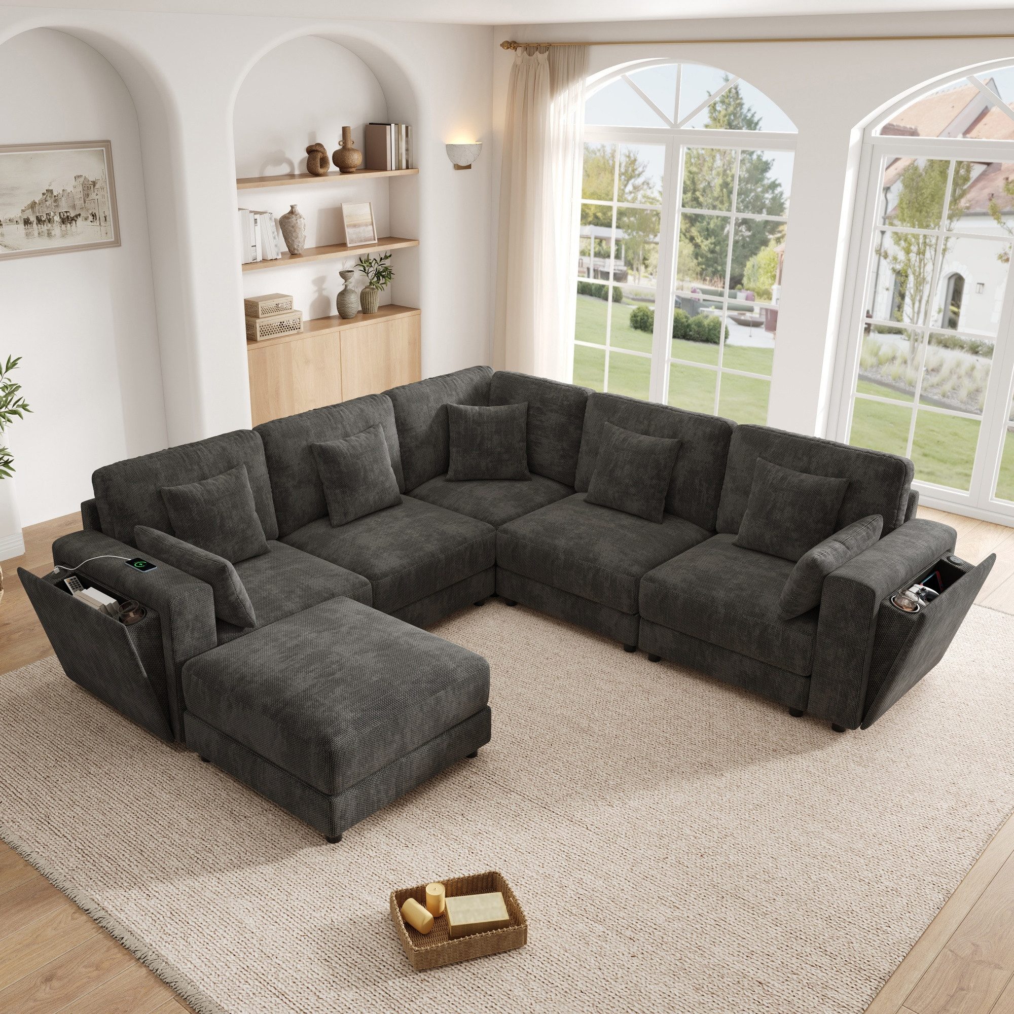 Merax Ecksofa Modulares 6-Sitzer Sofa mit USB & Type-C, Chenille Couch, 215 x 215 x 82 cm 1 Teile, L-/U-Form Sofa mit Hocker, Getränkehaltern, Stauraum & 7 Kissen