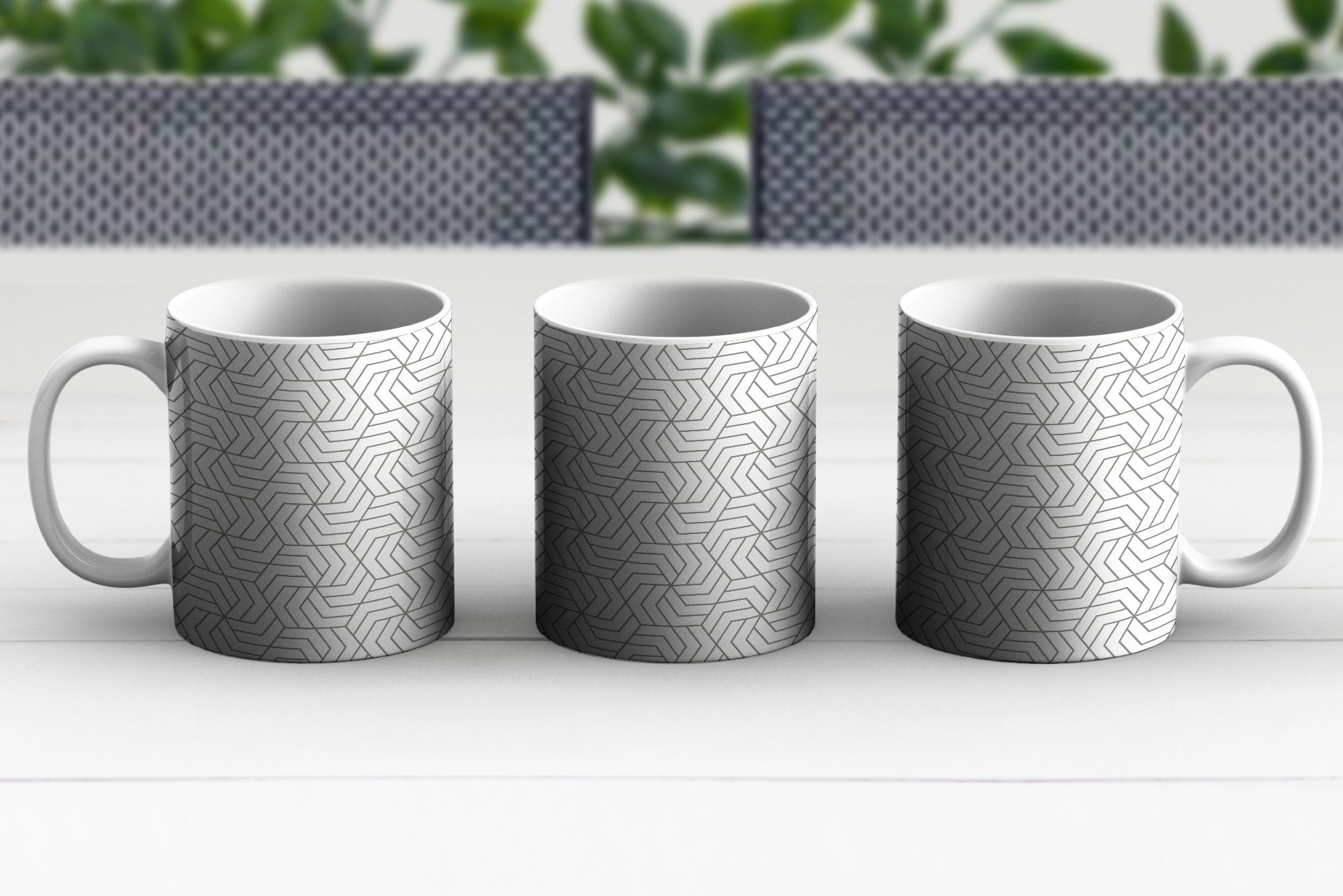 - Weiß Kaffeetassen, Geometrie - Keramik, Teetasse, Linie Becher, Geschenk Teetasse, - MuchoWow - Schwarz Muster, Tasse
