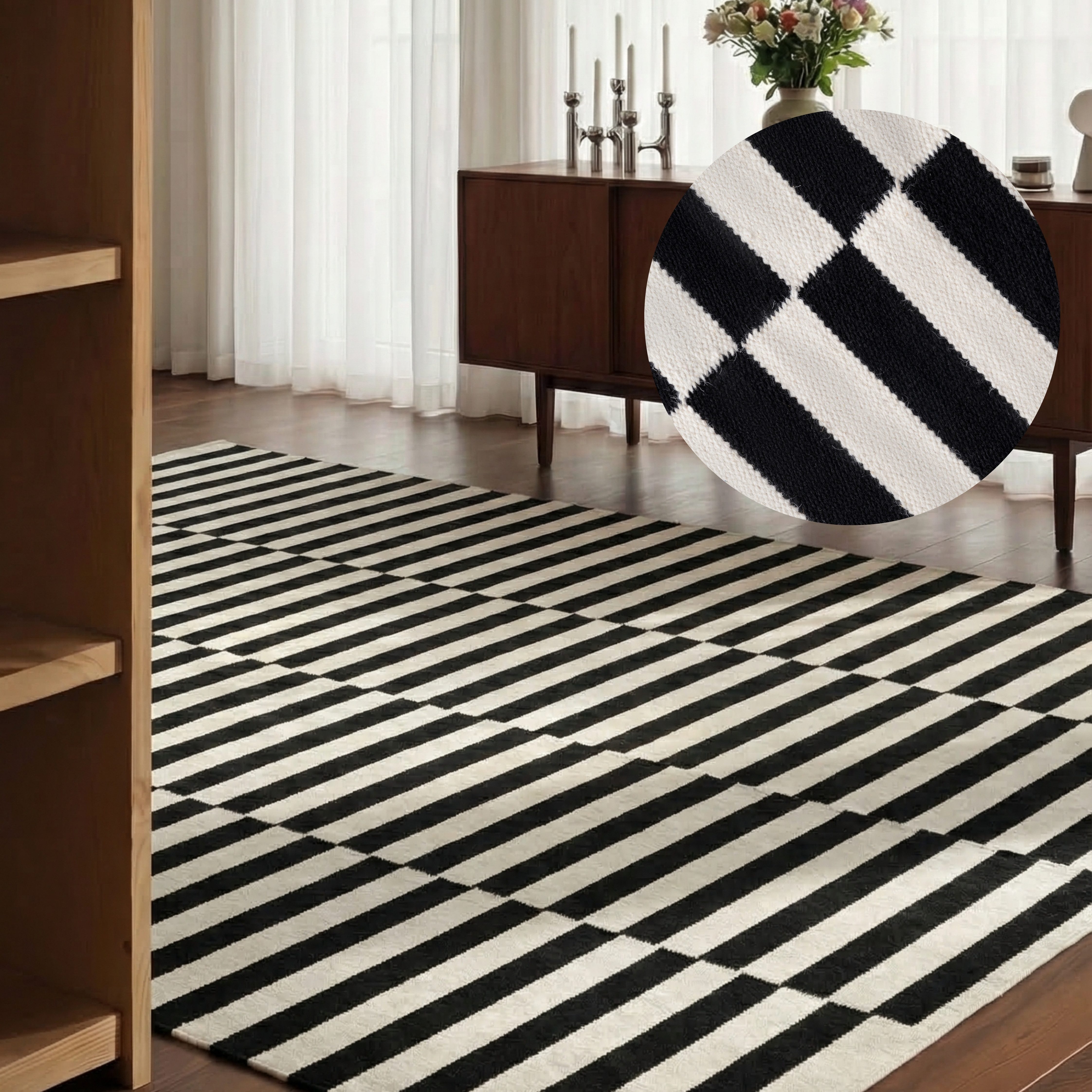 HANSE Home Wollteppich Vika, schwarz-weiss, rechteckig, Höhe: 5 mm, Handgewebt, Wolle, Natur, Läufer, Wohnzimmer, Schlafzimmer, Streifen