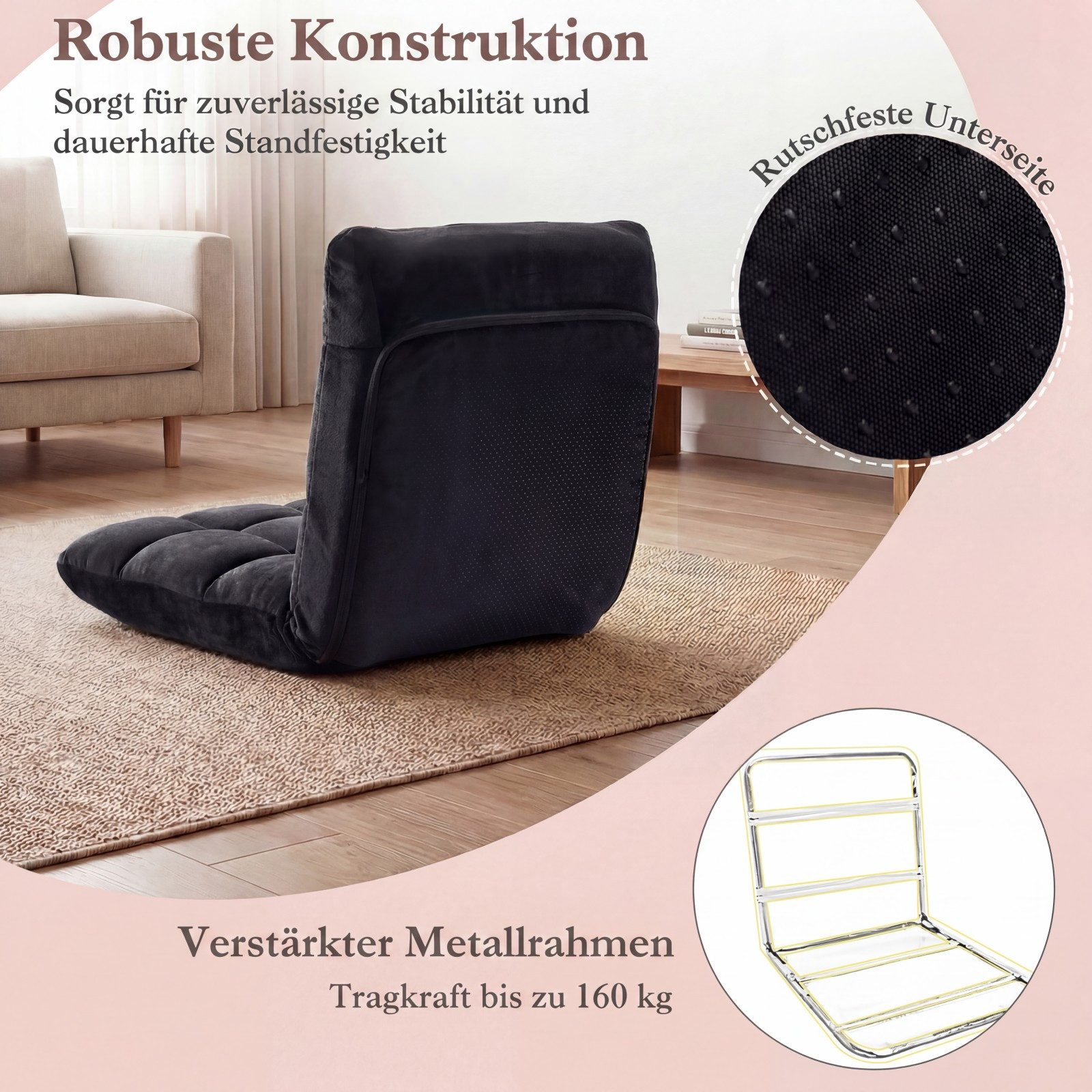 COSTWAY Relaxsessel Bodenstuhl mit verstellbarer Rückenlehne, faltbar gepolstert – Bild 4 von 5
