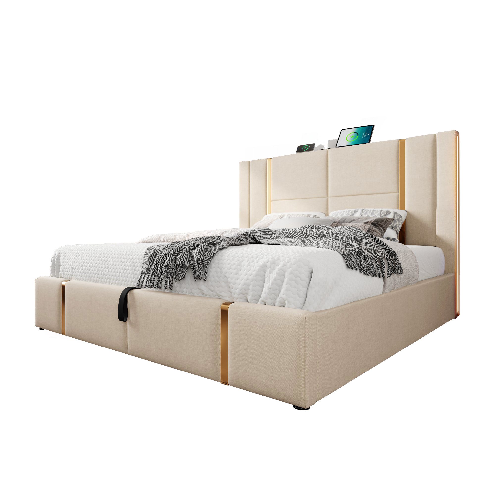 REDOM Polsterbett Funtionsbett Jugendbett Bett Stauraumbett gepolsteres LED Bettgestell (Stahlrahmen mit Hydraulisch anhebbar Bettstauraum und Holz-Lattenrost, 2-tlg., Leinen Doppelbett USB Type C Ladeanschluss APP 140x200 cm mit Matratze), weich Kopfteil Schaum-Polsterung Bettrahmen mit RGB-LED-Beleuchtung