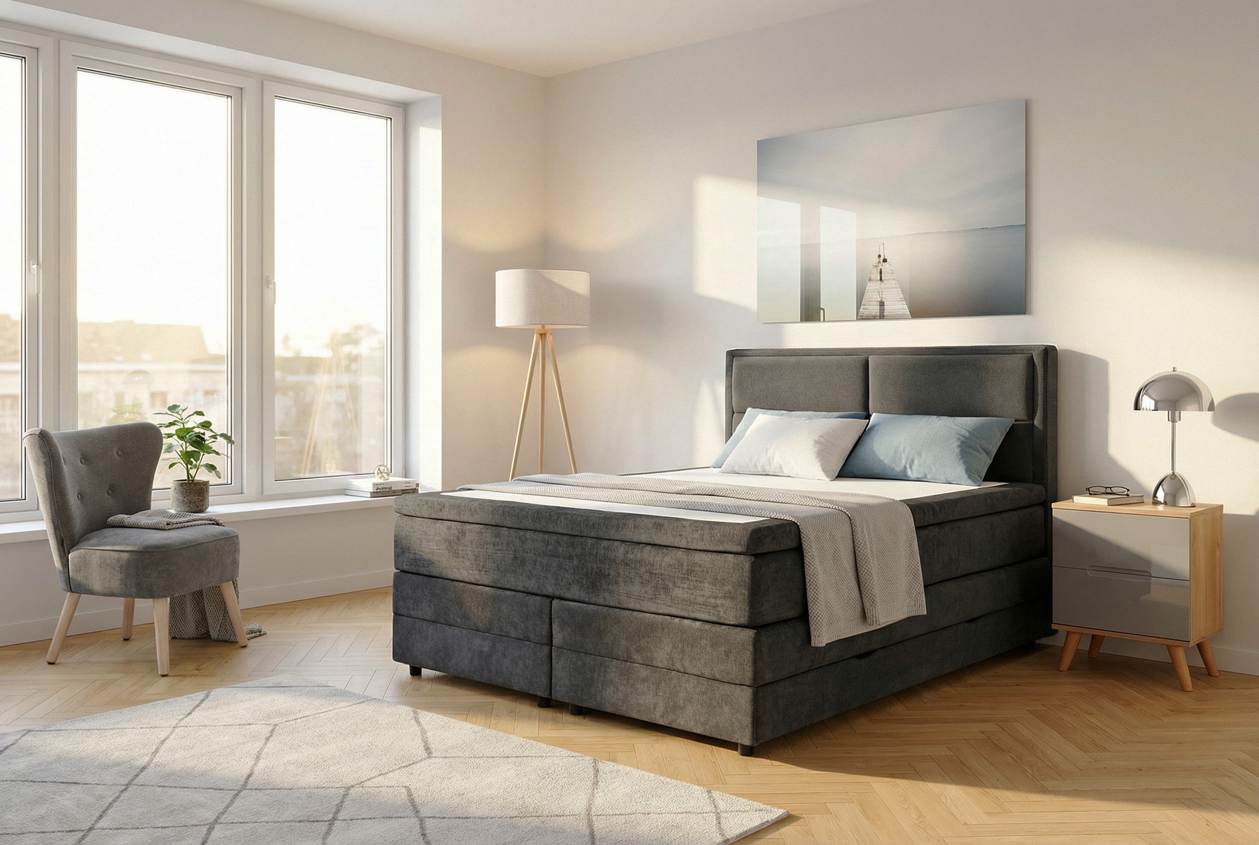 OTTO home Boxspringbett FYNNA Polsterbett mit Bettkasten & 7-Zonen-Taschenfederkernmatratze H3, mit 7 cm Komfortschaum-Topper, Chenille-Bezug, Liegefläche 140x200 cm