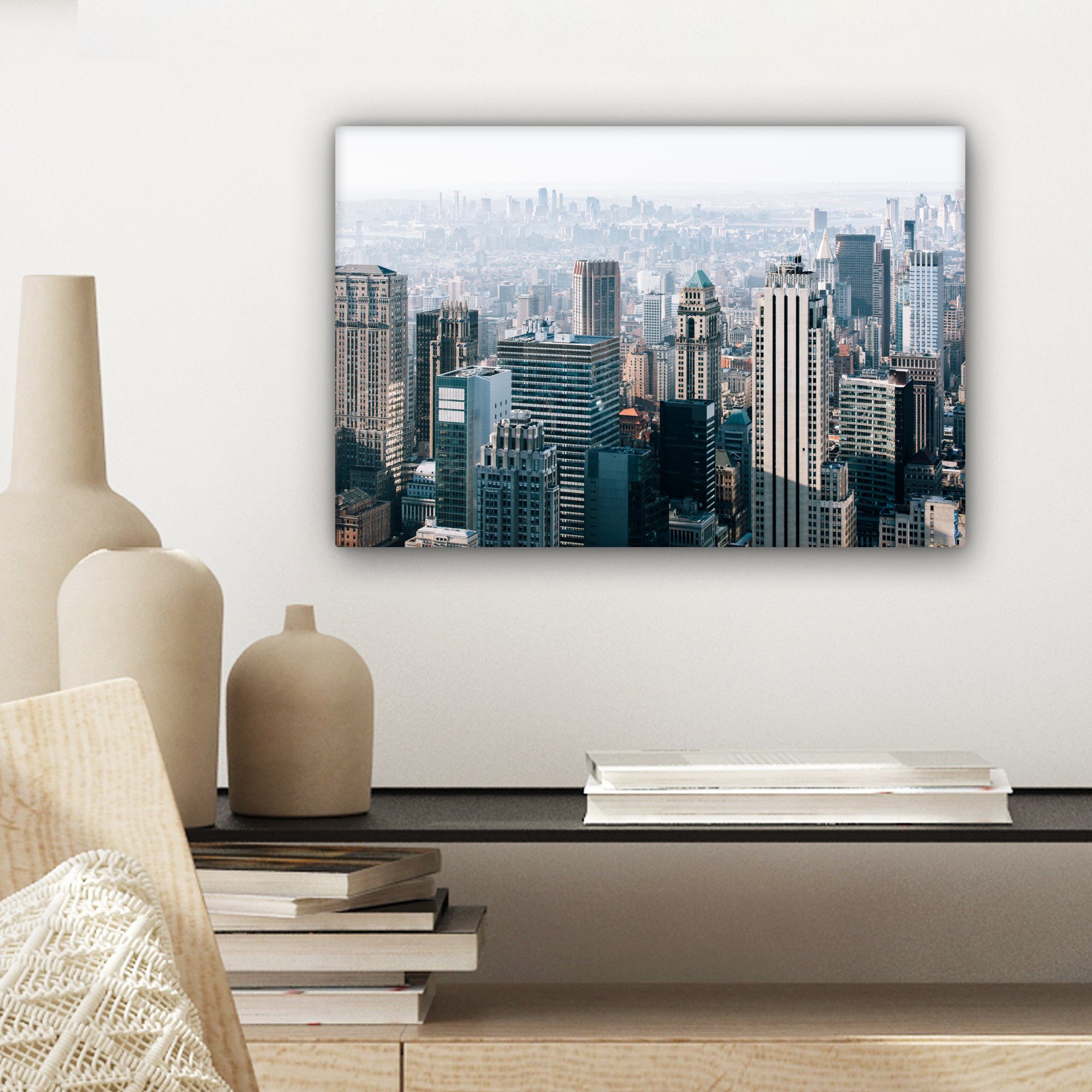 OneMillionCanvasses® Leinwandbild Leinwandbilder, Nebel, Skyline (1 Wanddeko, New - York 30x20 Aufhängefertig, St), cm - Wandbild