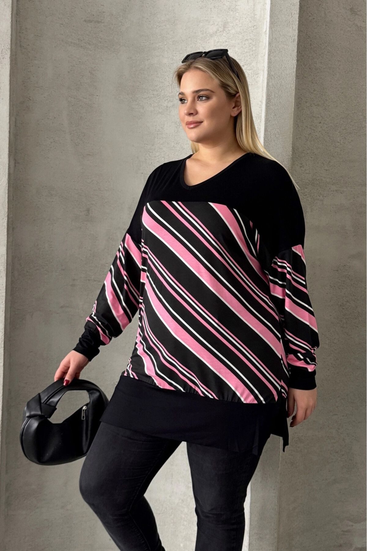 Stil Diva Blusentop Plus-Size-Bluse mit V-Ausschnitt, langen Ärmeln, elastischen Bündchen