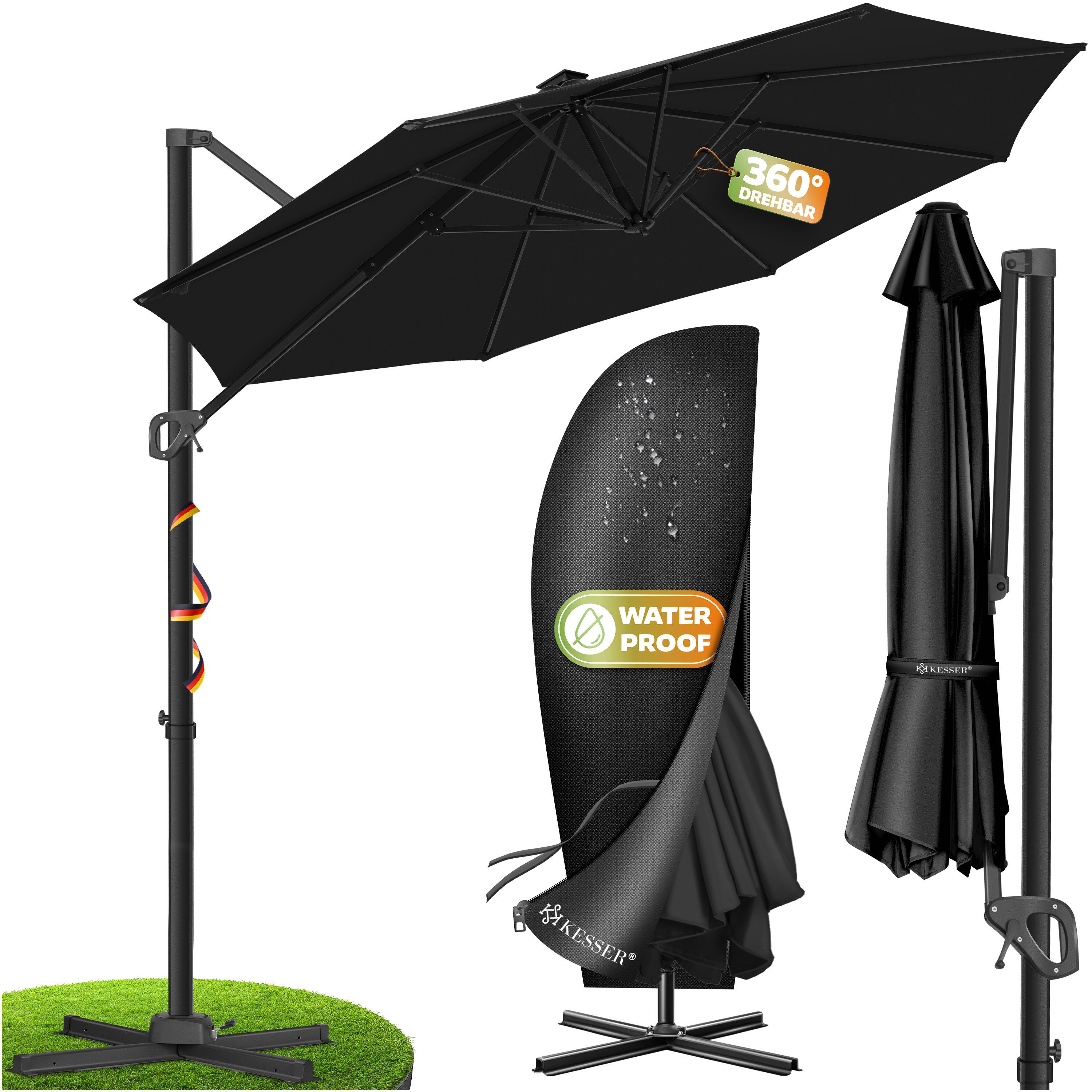 KESSER Ampelschirm, Sonnenschirm SUN Rund XL Ø330 cm 360° Drehbar inkl. Abdeckung