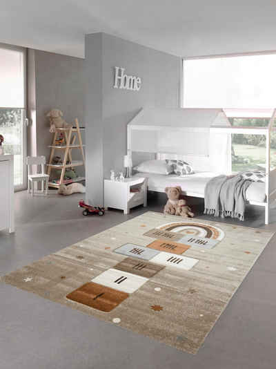 Kinderteppich Kinderzimmer Teppich Spielteppich mit Sternen Hüpfspiel Himmel & Hölle Herz Regenbogen beige braun grau, Teppich-Traum, rechteckig, Höhe: 13 mm